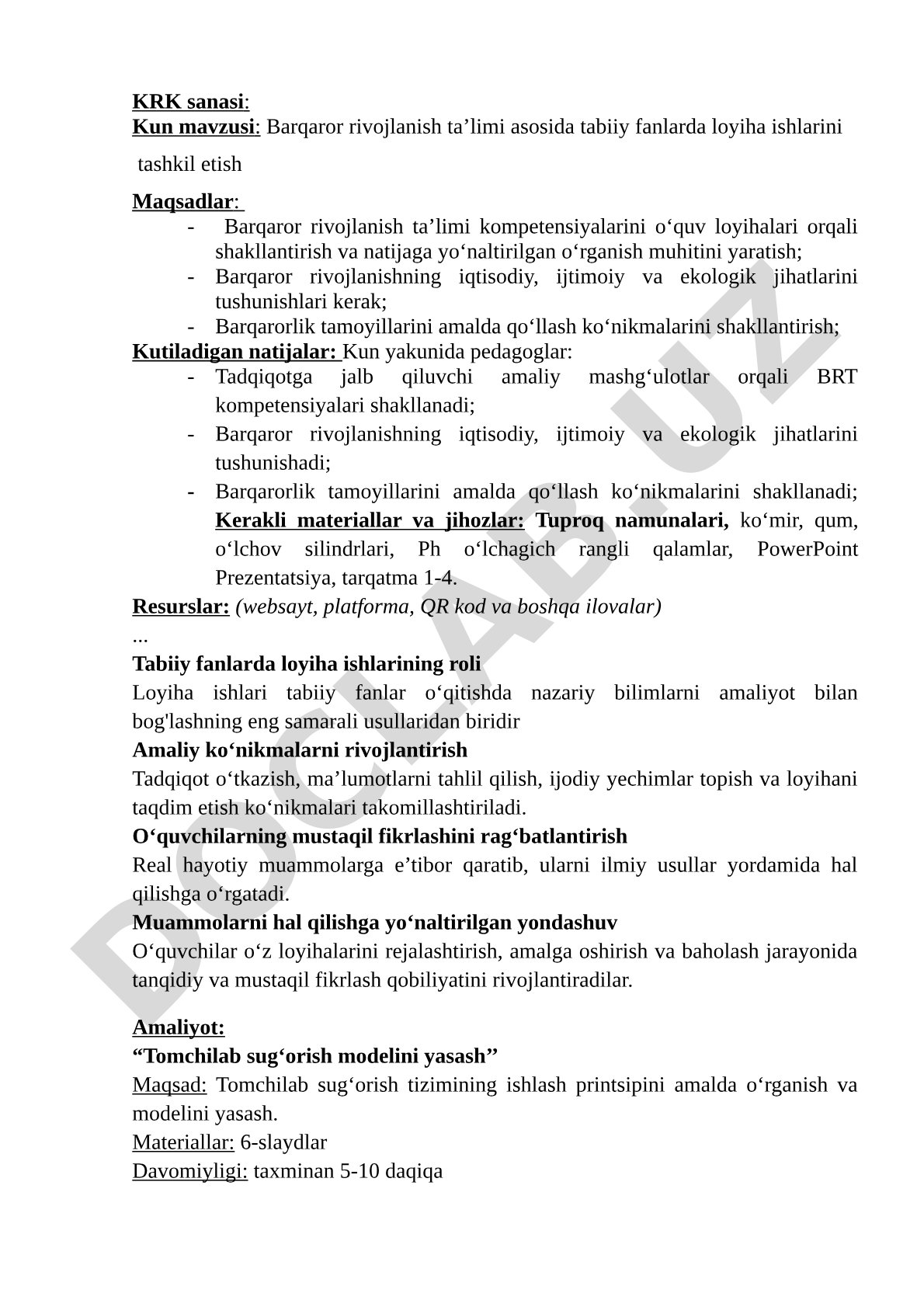 Barqaror rivojlanish ta’limi asosida tabiiy fanlarda loyiha ishlarini tashkil etish