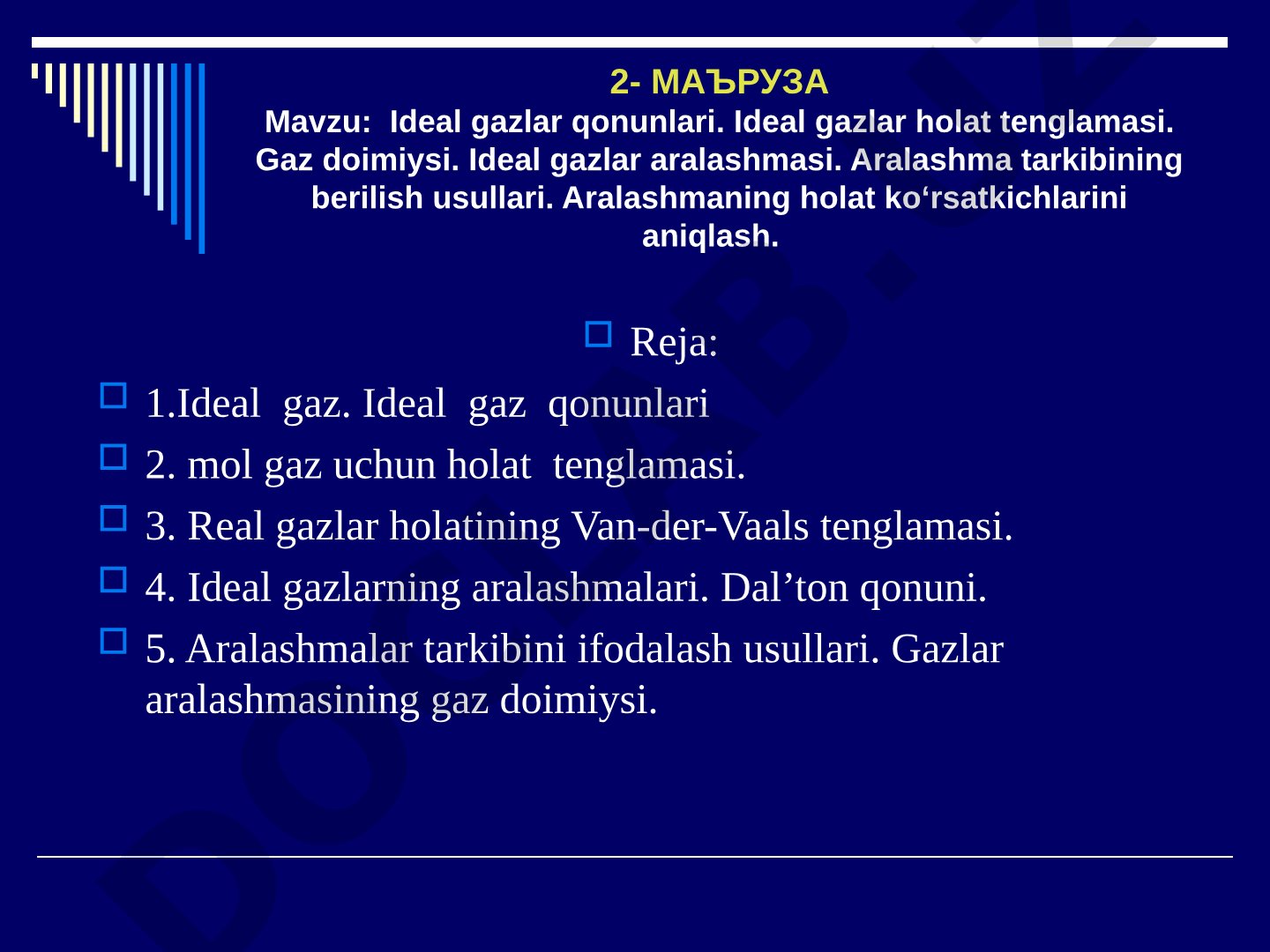 Ideal gazlar qonunlari. Ideal gazlar holat tenglamasi. Gaz doimiysi. Ideal gazlar aralashmasi