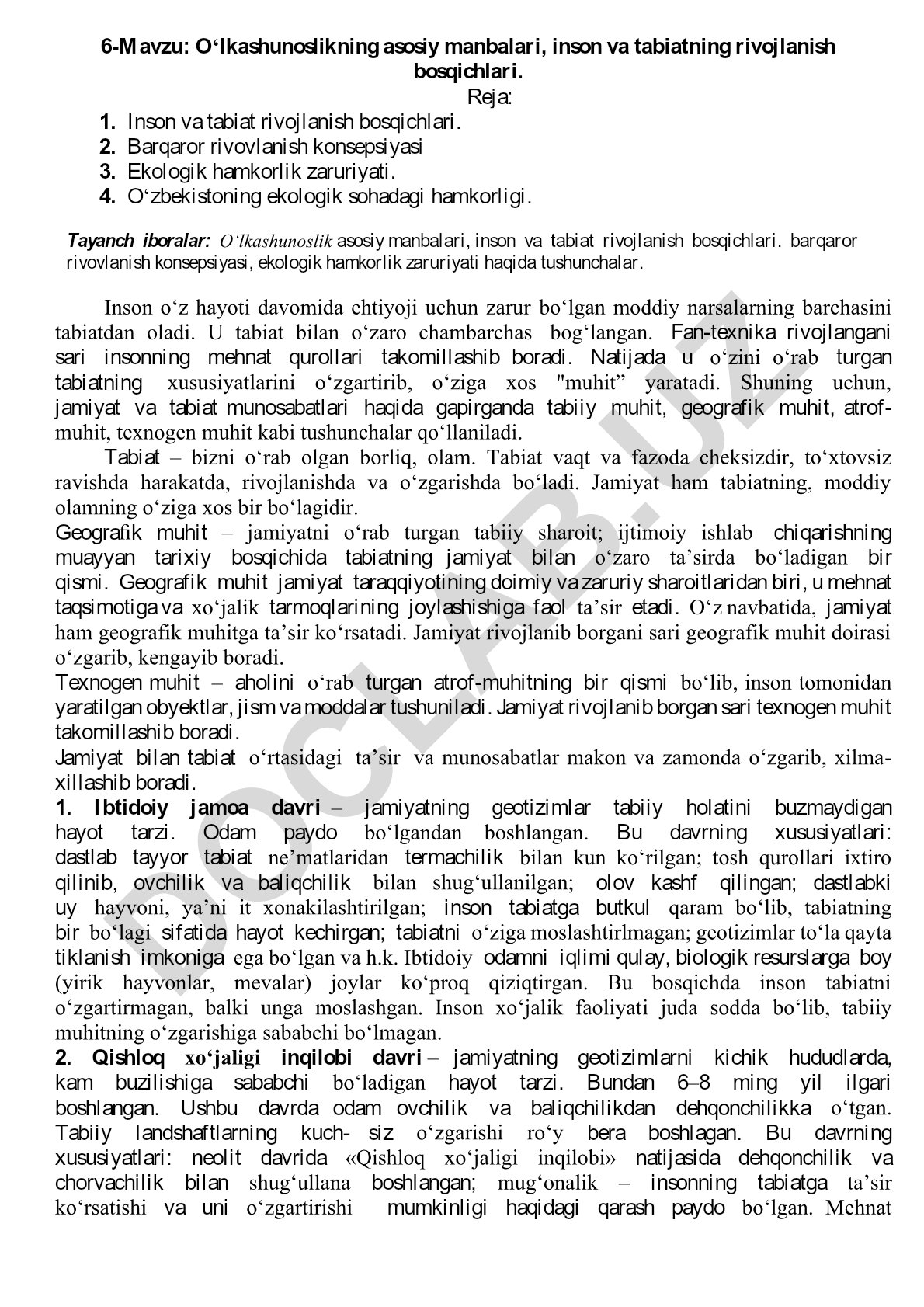 O‘lkashunoslikning asosiy manbalari, inson va tabiatning rivojlanish bosqichlari