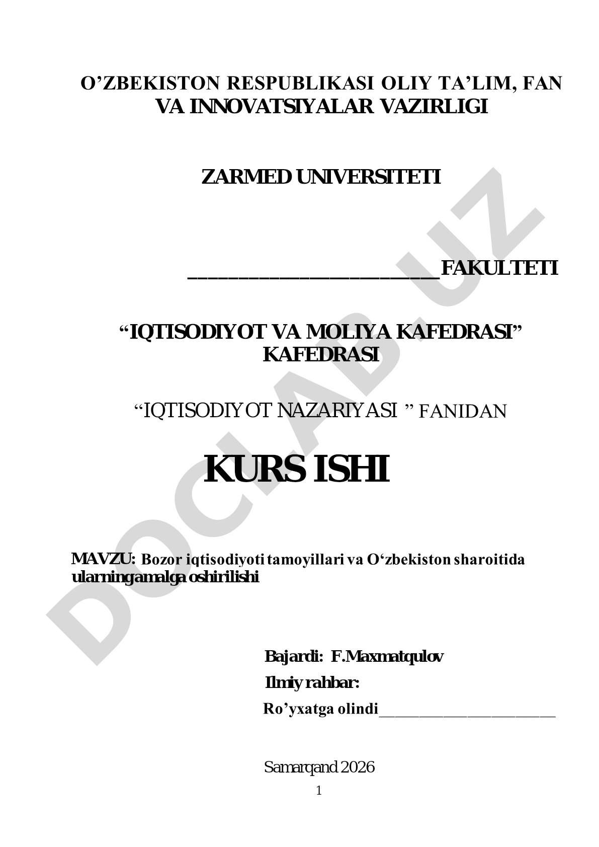 Bozor iqtisodiyoti tamoyillari va O‘zbekiston sharoitida ularning amalga oshirilishi