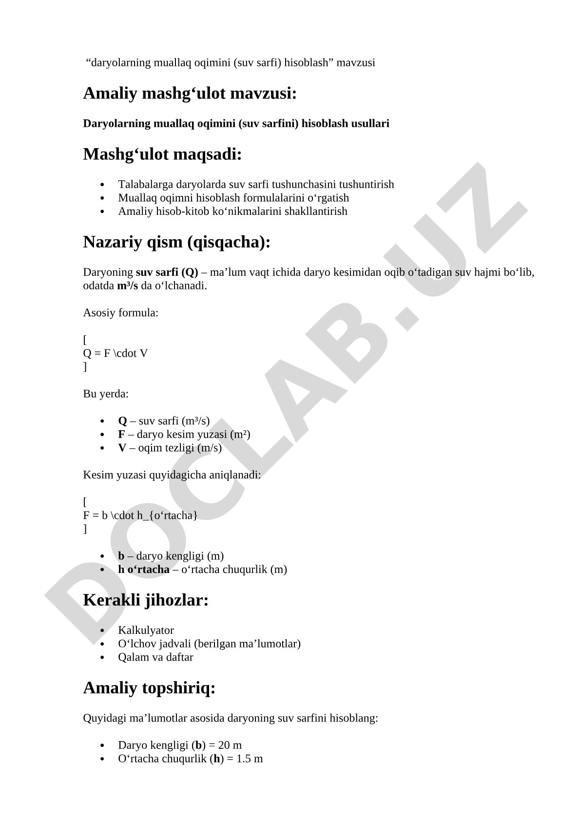 Daryolarning muallaq oqimini (suv sarfini) hisoblash usullari