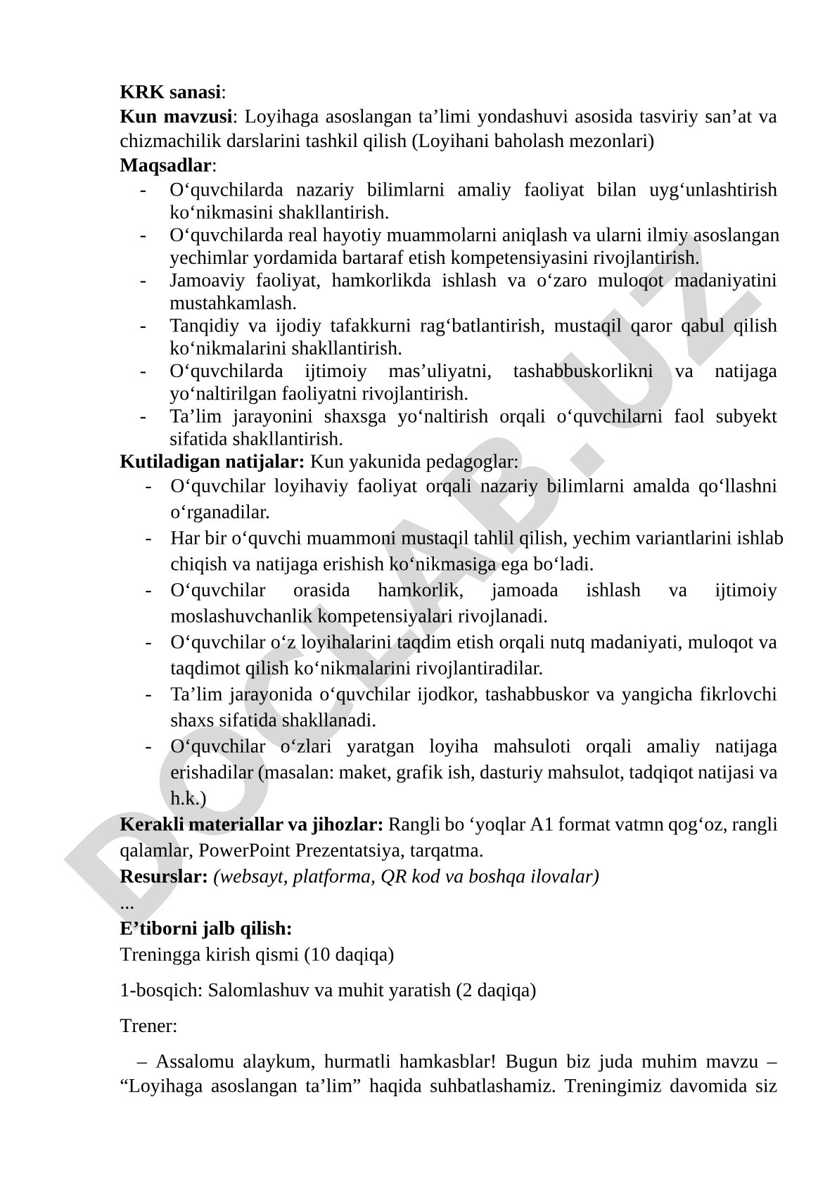 Loyihaga asoslangan ta’limi yondashuvi asosida tasviriy san’at va chizmachilik darslarini tashkil qilish (Loyihani baholash mezonlari)