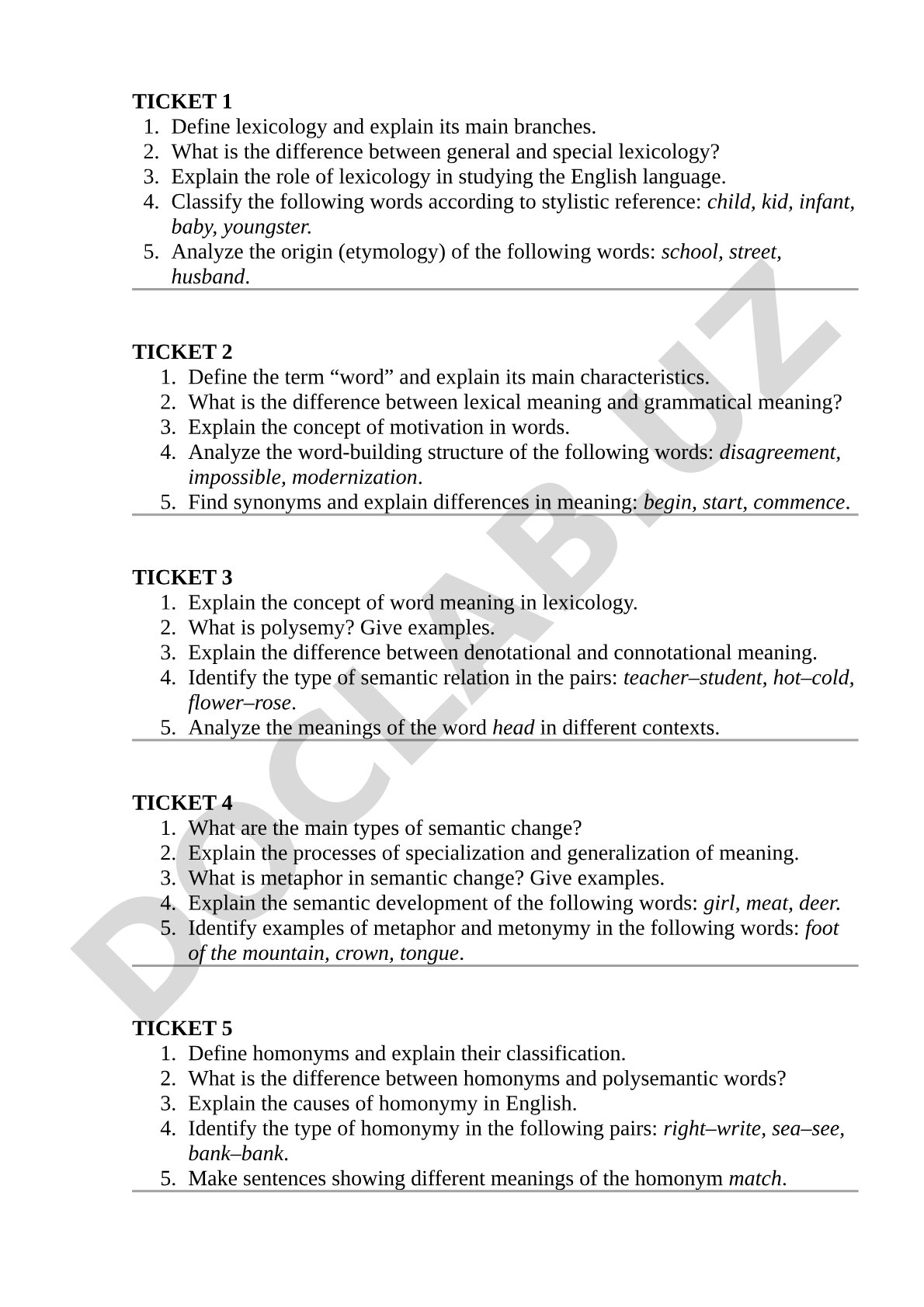 Exam tickets on lexicology with questions on word meaning, semantic change, and etymology