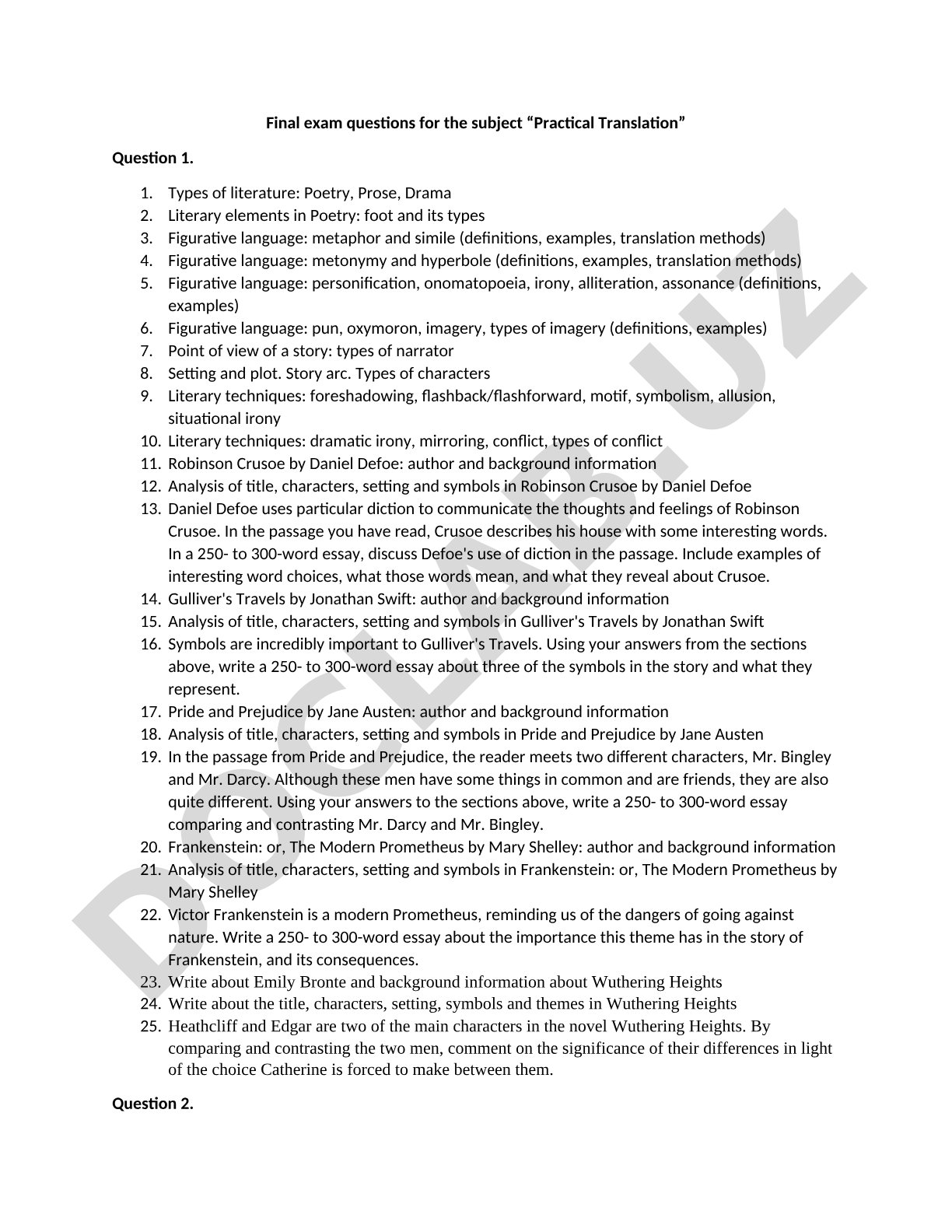 Final exam questions for the subject “Practical Translation”
