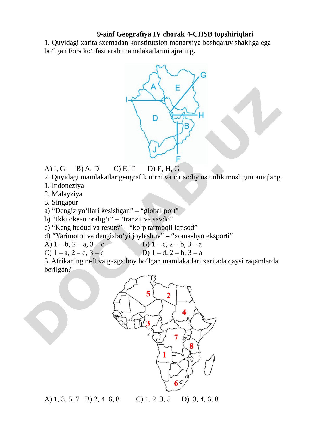 9-sinf Geografiya IV chorak 4-CHSB topshiriqlari