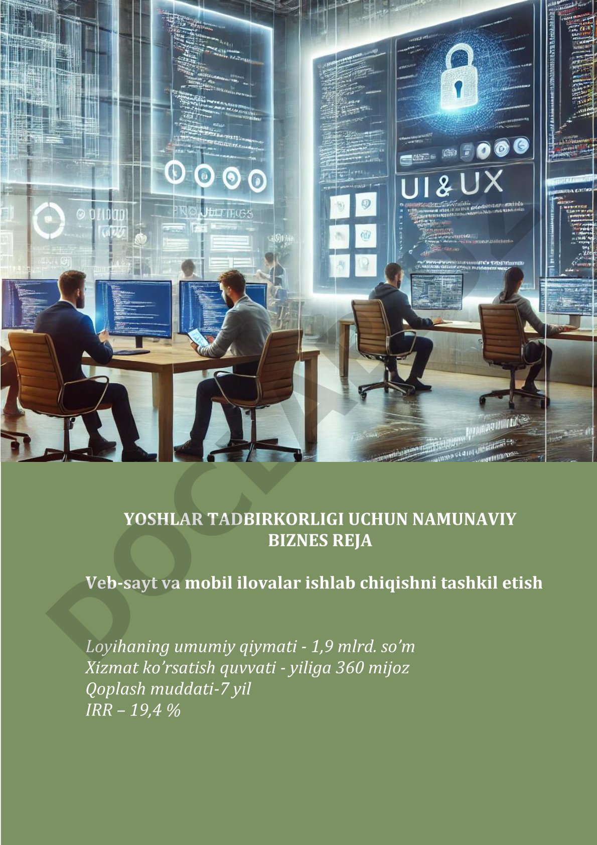 Yoshlar tadbirkorligi uchun namunaviy biznes reja: veb-sayt va mobil ilovalar ishlab chiqishni tashkil etish
