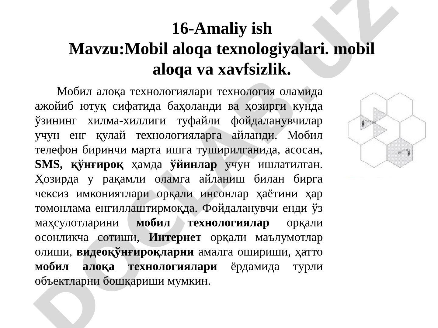 Mobil aloqa texnologiyalari va xavfsizlik haqida amaliy ish taqdimoti