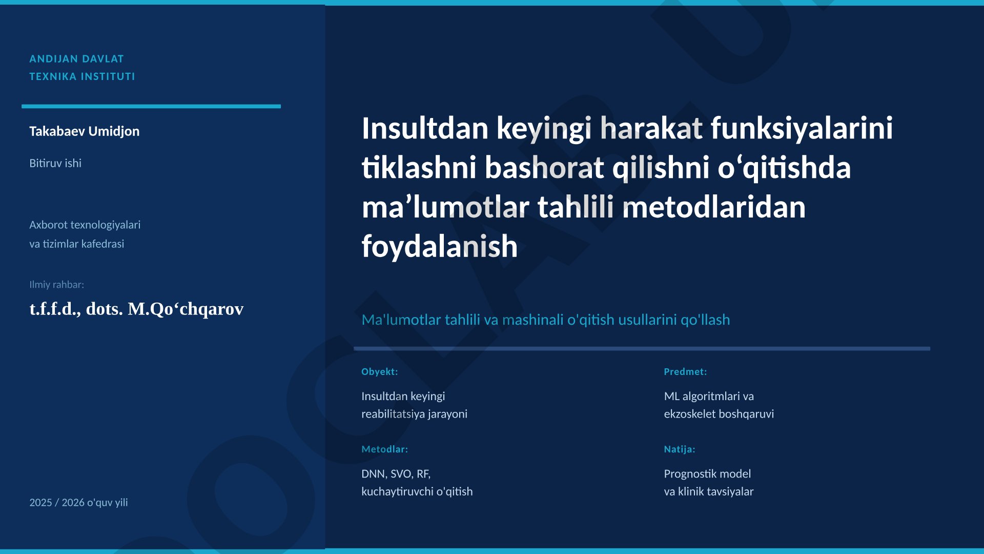 Insultdan keyingi harakat funksiyalarini tiklashni bashorat qilishni o‘qitishda ma’lumotlar tahlili metodlaridan foydalanish