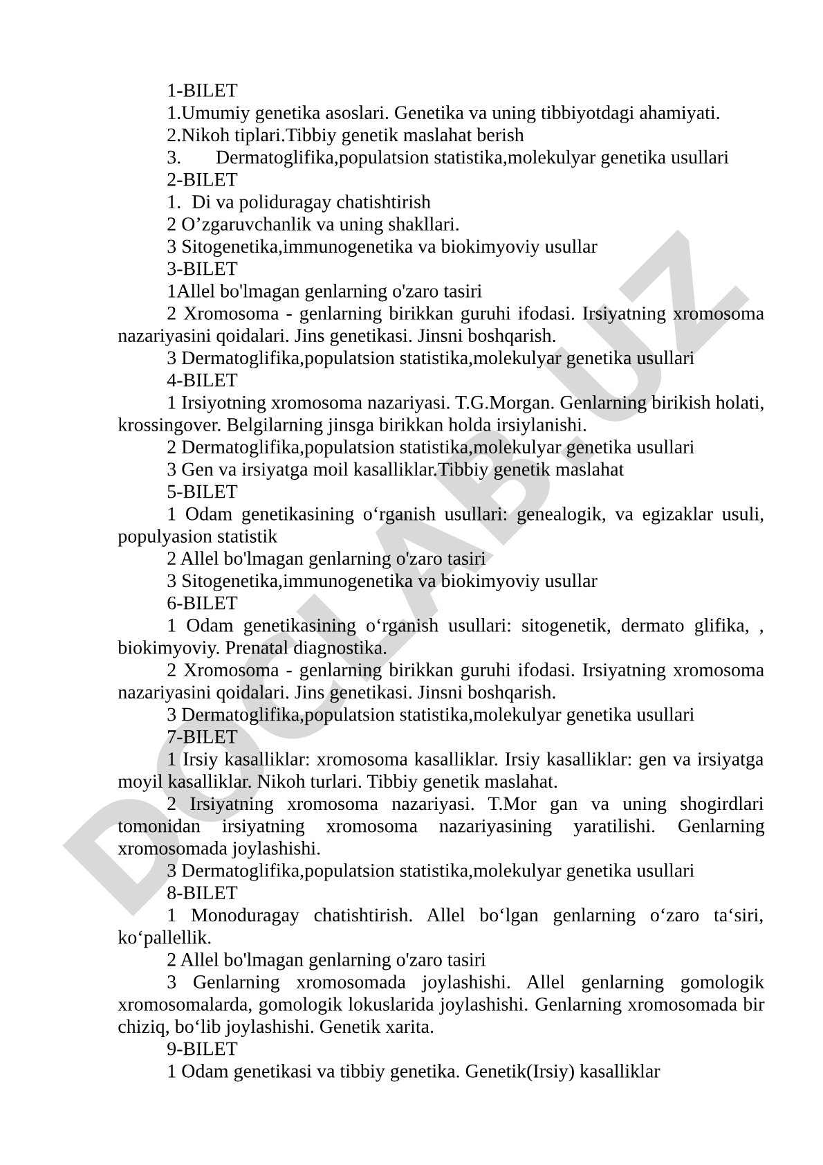 Genetika fanidan biletlar