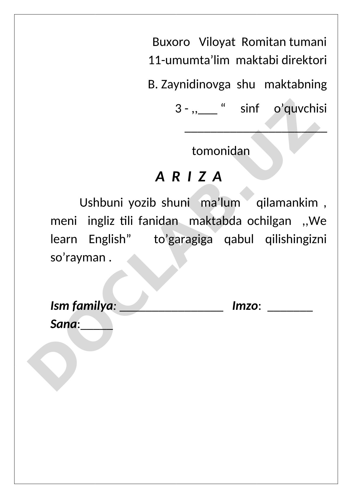 Ingliz tili to'garagiga qabul qilish arizasi