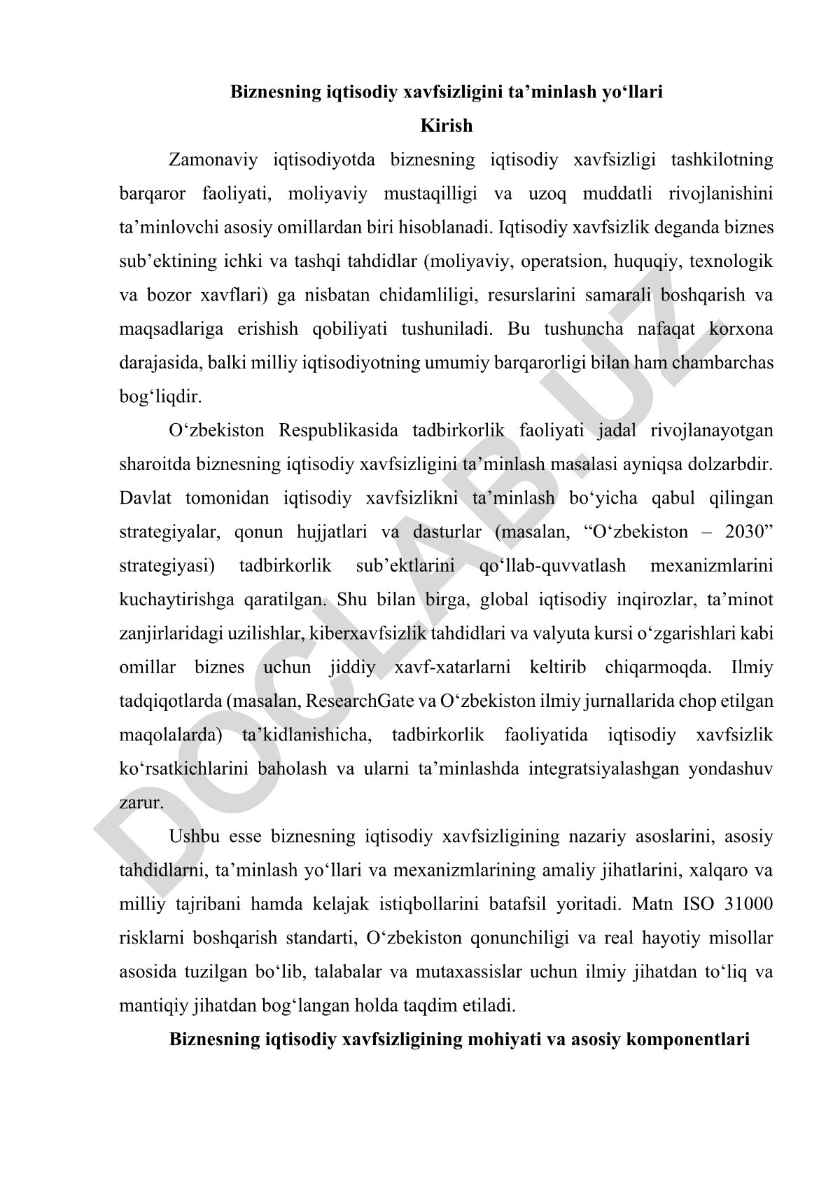 Biznesning iqtisodiy xavfsizligini ta'minlash yo'llari