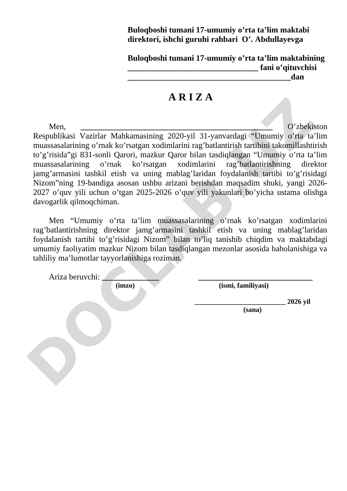 Direktor jamg'armasidan ustama olish uchun ariza