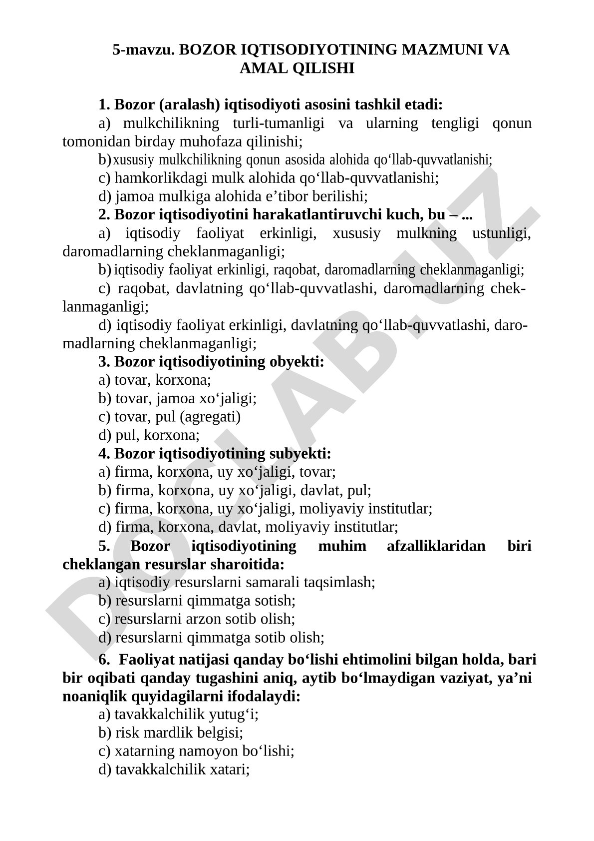 Bozor iqtisodiyotining mazmuni va amal qilishi