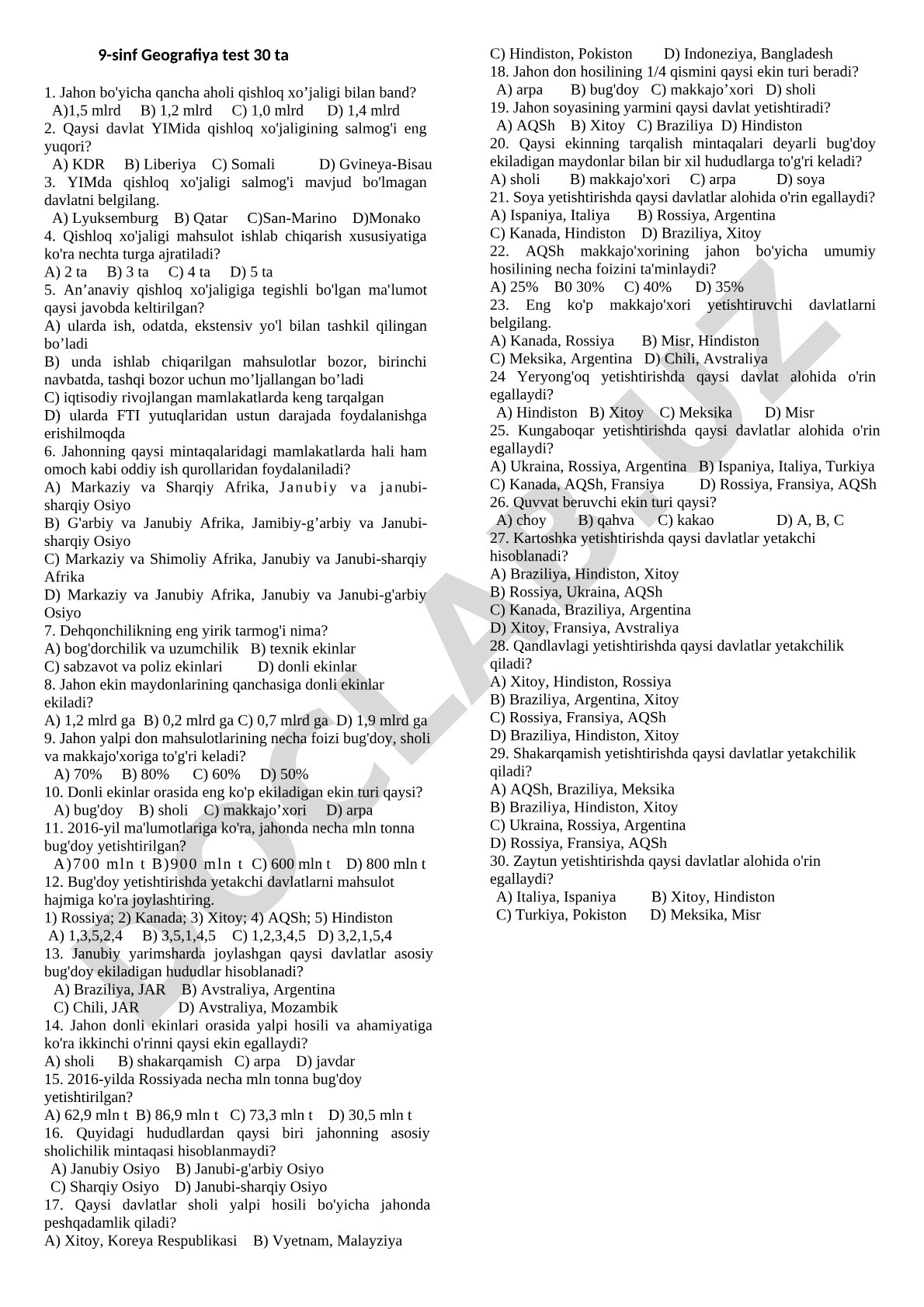 9-sinf Geografiya: Jahon qishloq xo'jaligi test