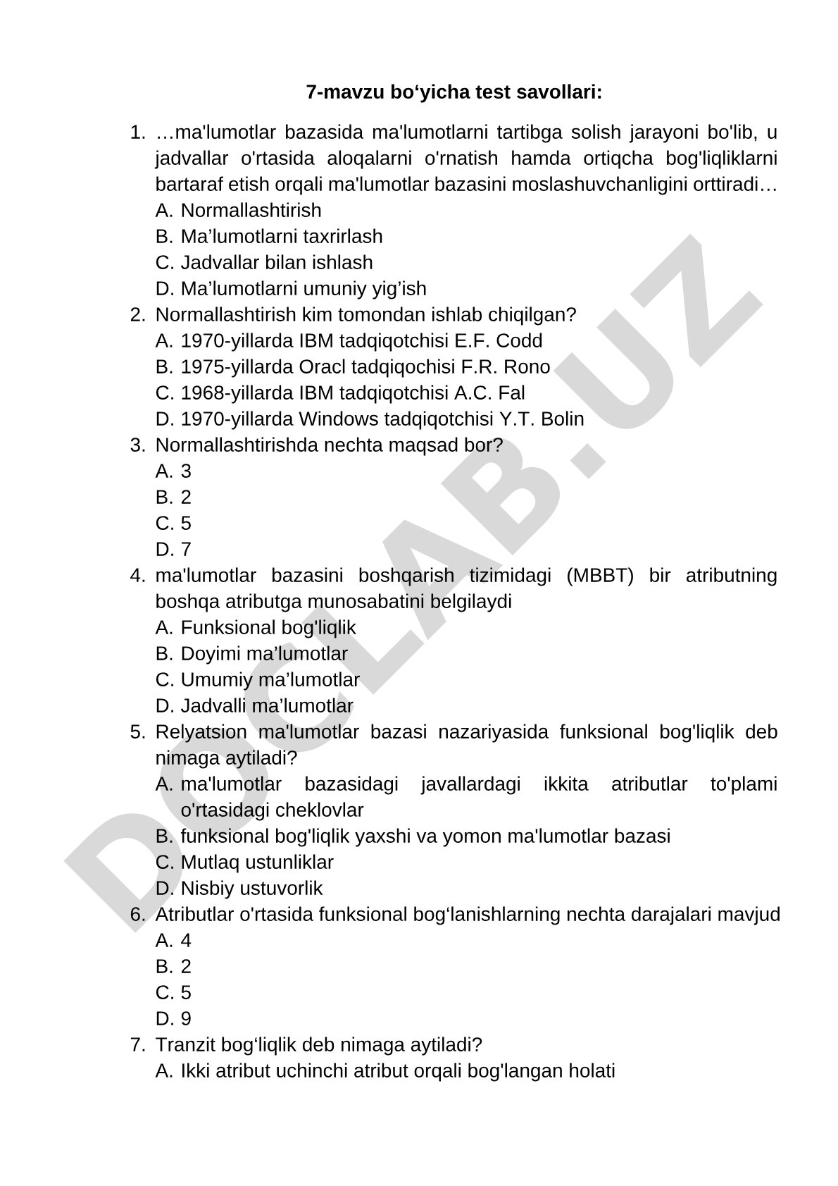 Ma'lumotlar bazasida normallashtirish bo'yicha test savollari