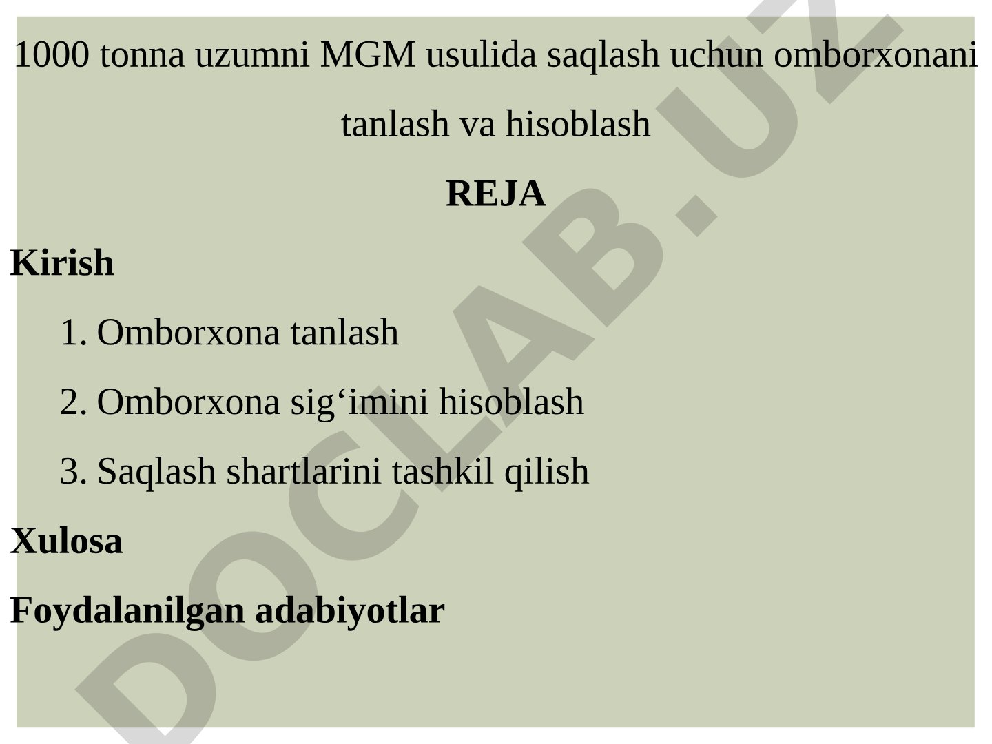 1000 tonna uzumni MGM usulida saqlash uchun omborxonani tanlash va hisoblash