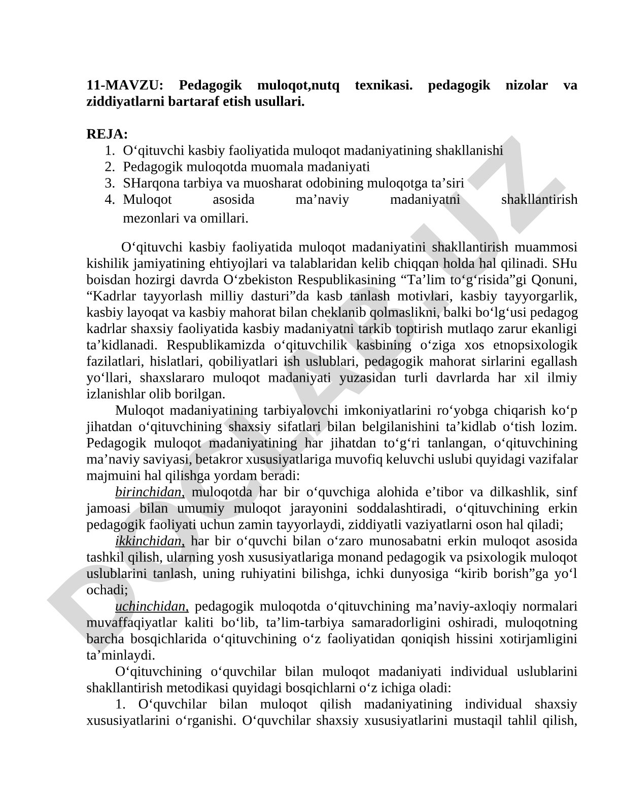 Pedagogik muloqot, nutq texnikasi, pedagogik nizolar va ziddiyatlarni bartaraf etish usullari