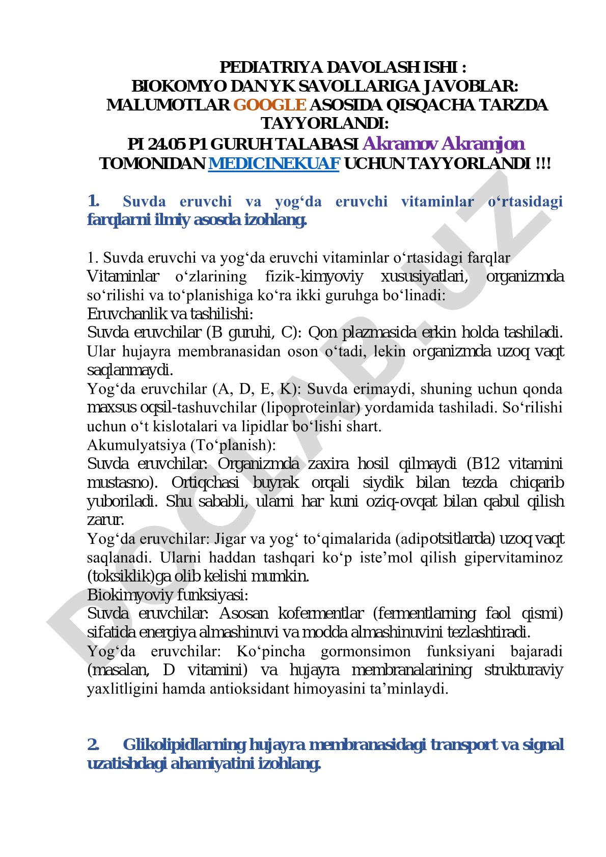 Suvda va yog'da eruvchi vitaminlar o'rtasidagi farqlar