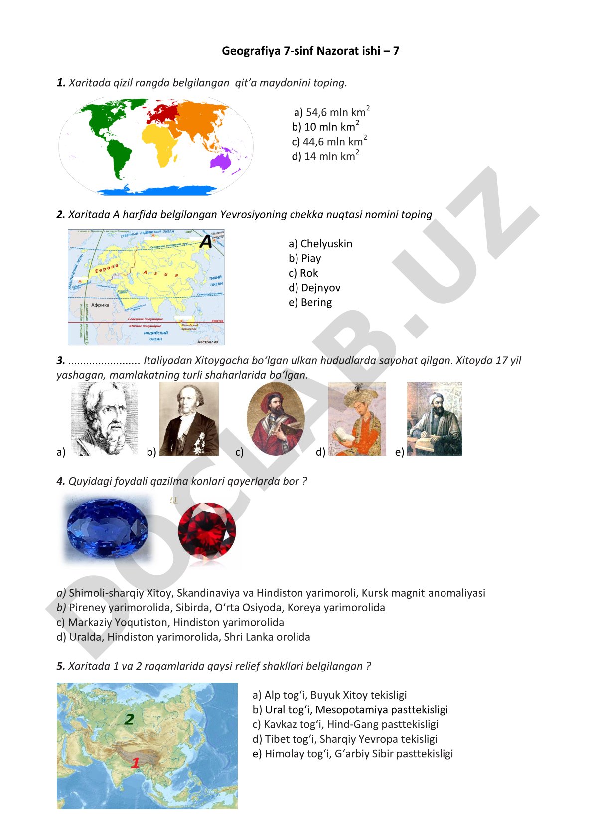 Geografiya 7-sinf nazorat ishi