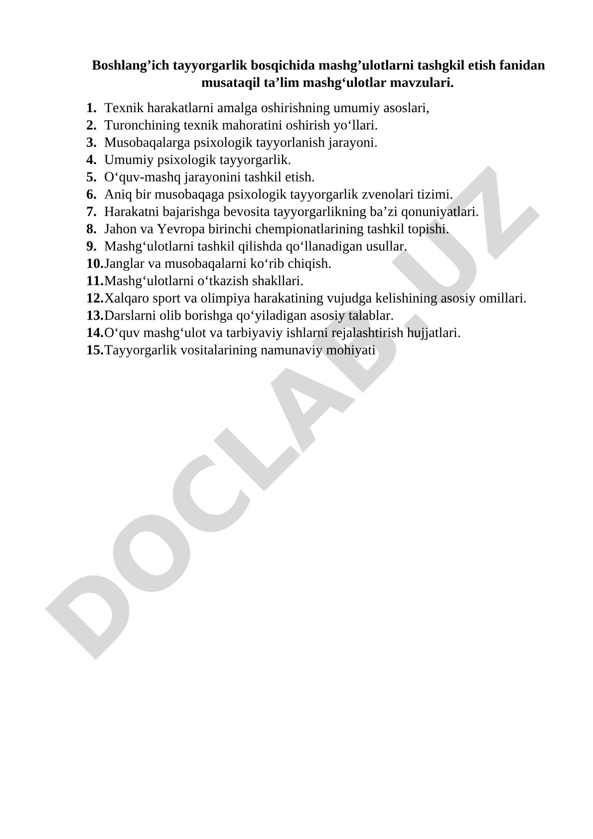 Boshlang’ich tayyorgarlik bosqichida mashg’ulotlarni tashkil etish fanidan mustaqil ta’lim mashg‘ulotlar