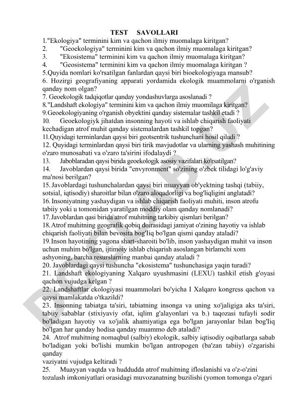 Ekologiya va geoekologiya fanlariga oid test savollari