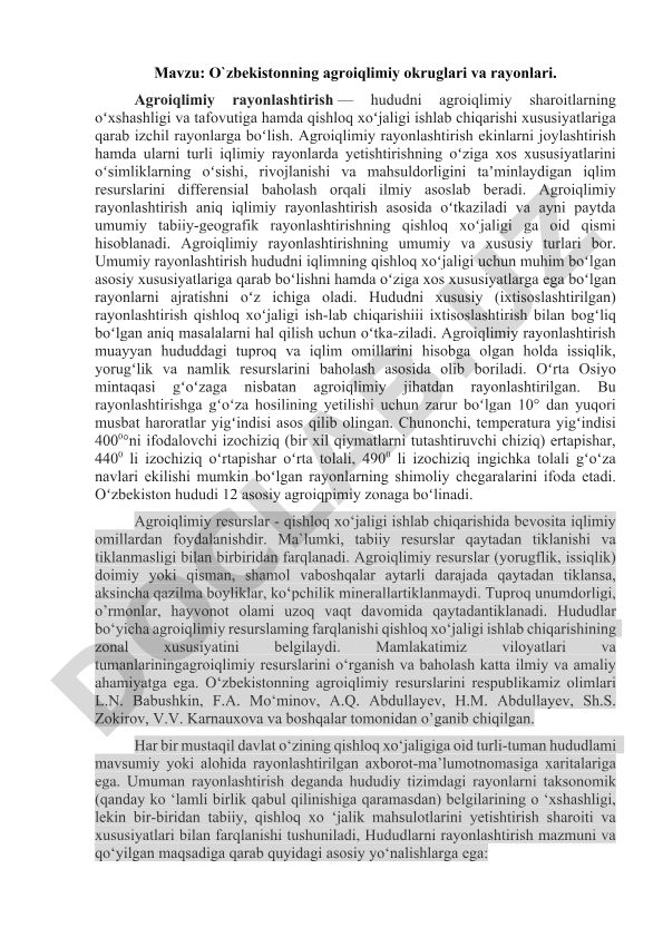 O`zbekistonning agroiqlimiy okruglari va rayonlari