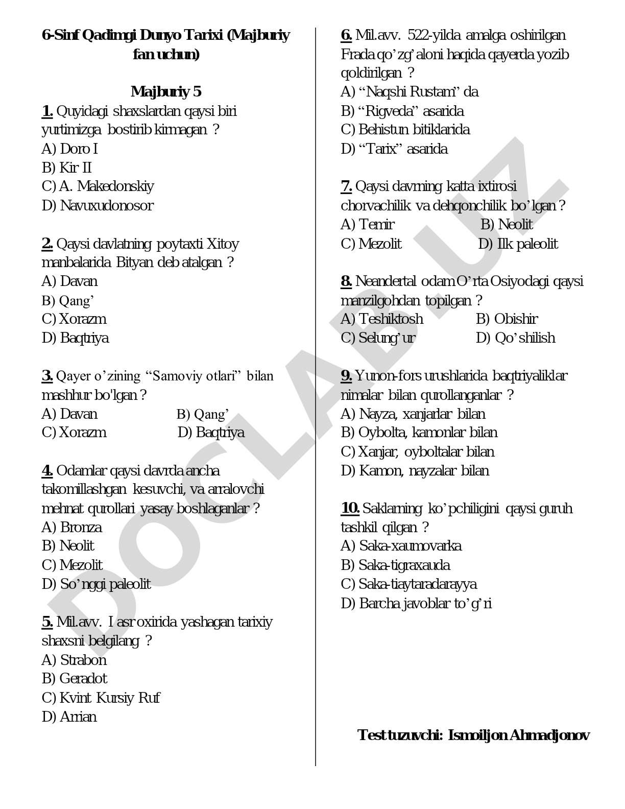 Qadimgi Dunyo Tarixi 6-sinf test savollari