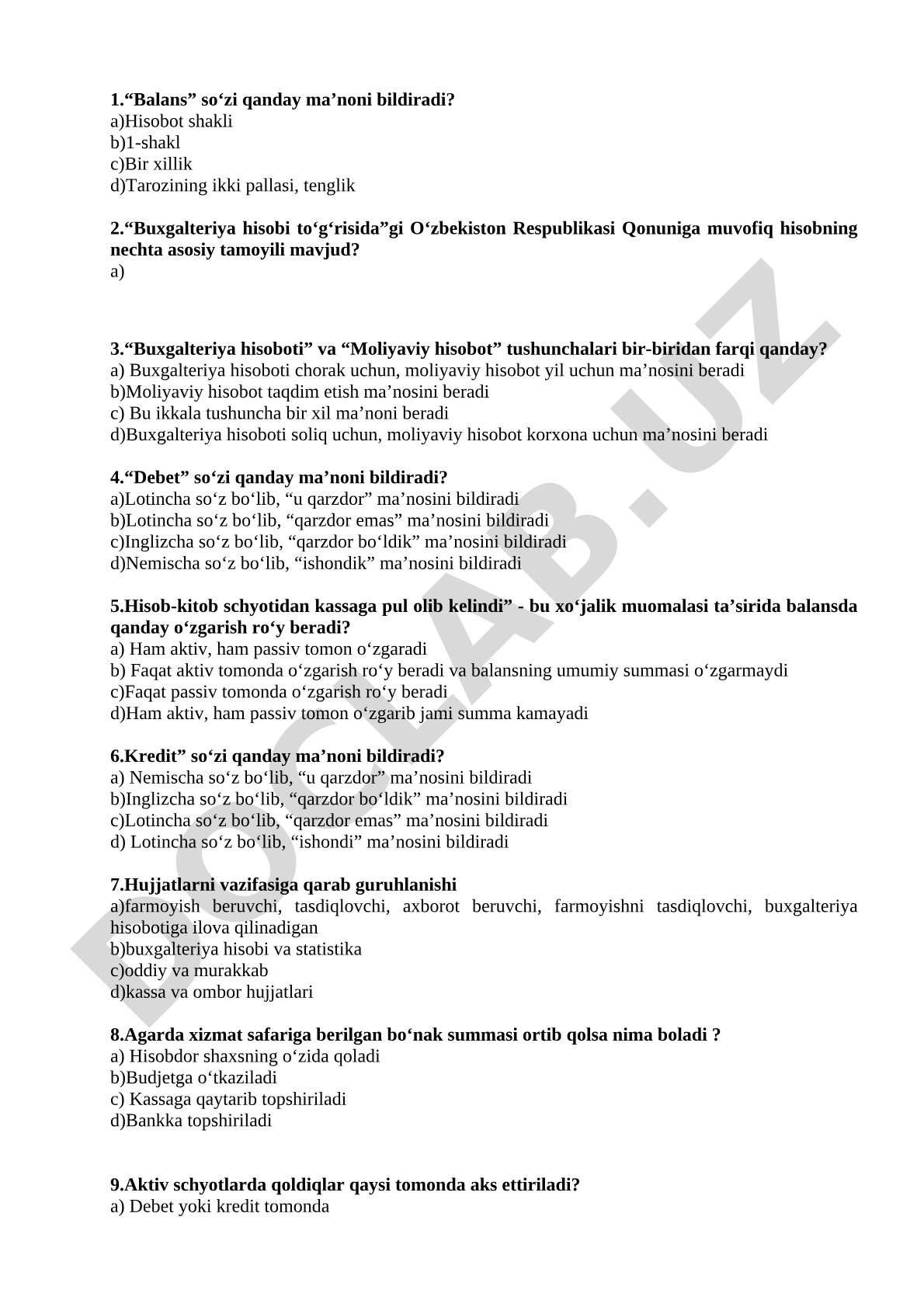 Buxgalteriya hisobi bo‘yicha test savollari