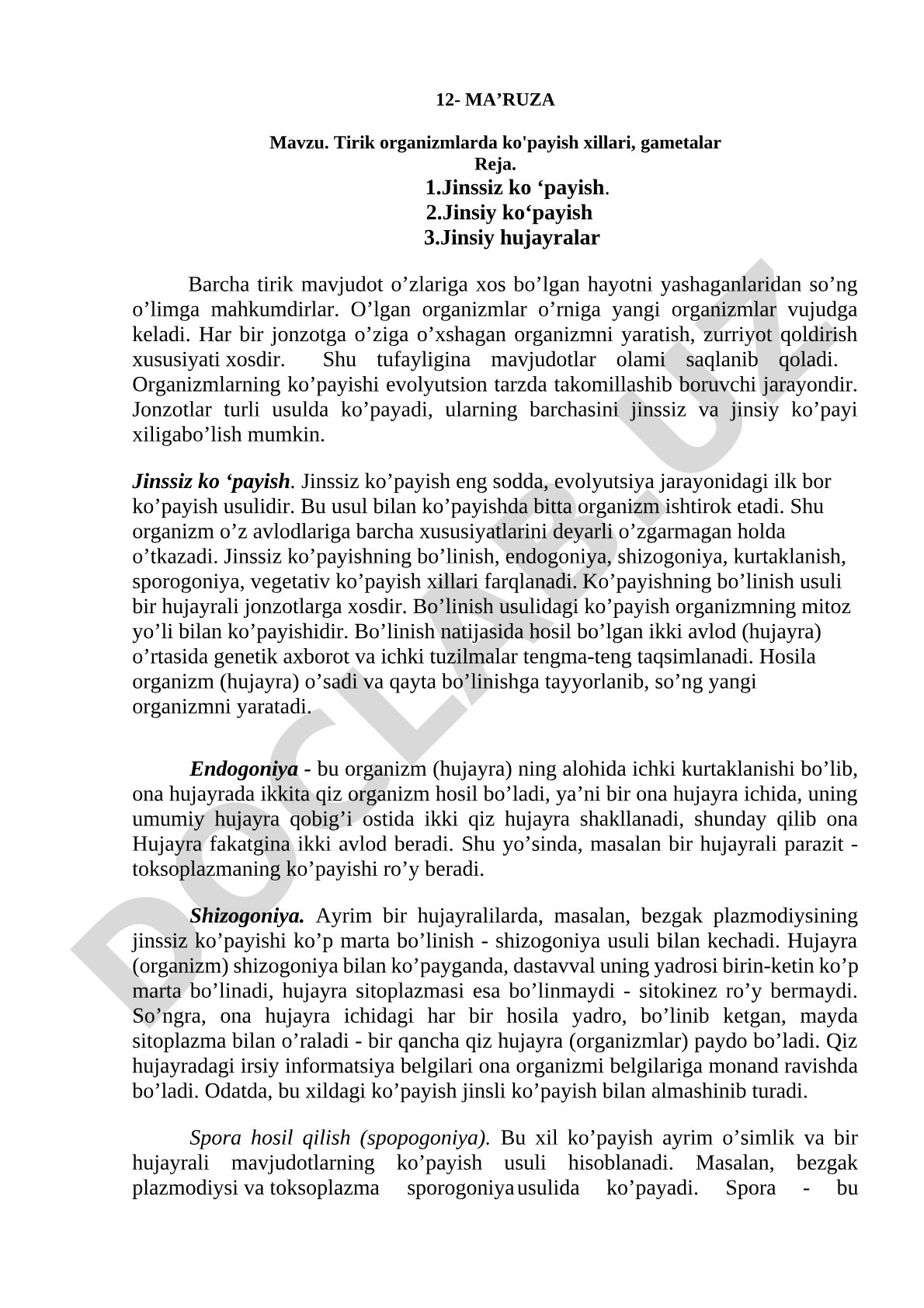 Tirik organizmlarda ko'payish xillari, gametalar