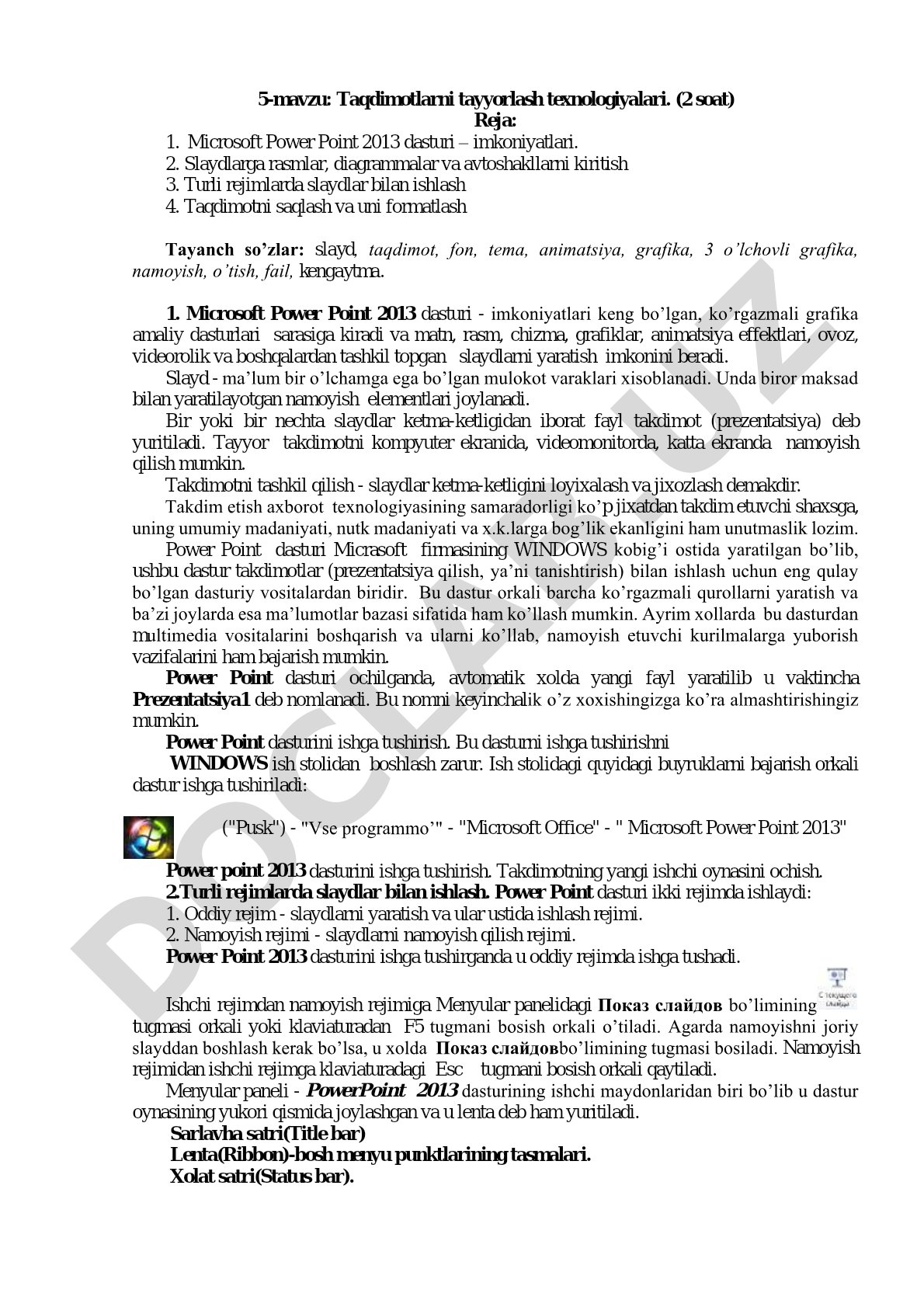 Microsoft PowerPoint 2013 imkoniyatlari, slaydlar bilan ishlash, taqdimotni saqlash va