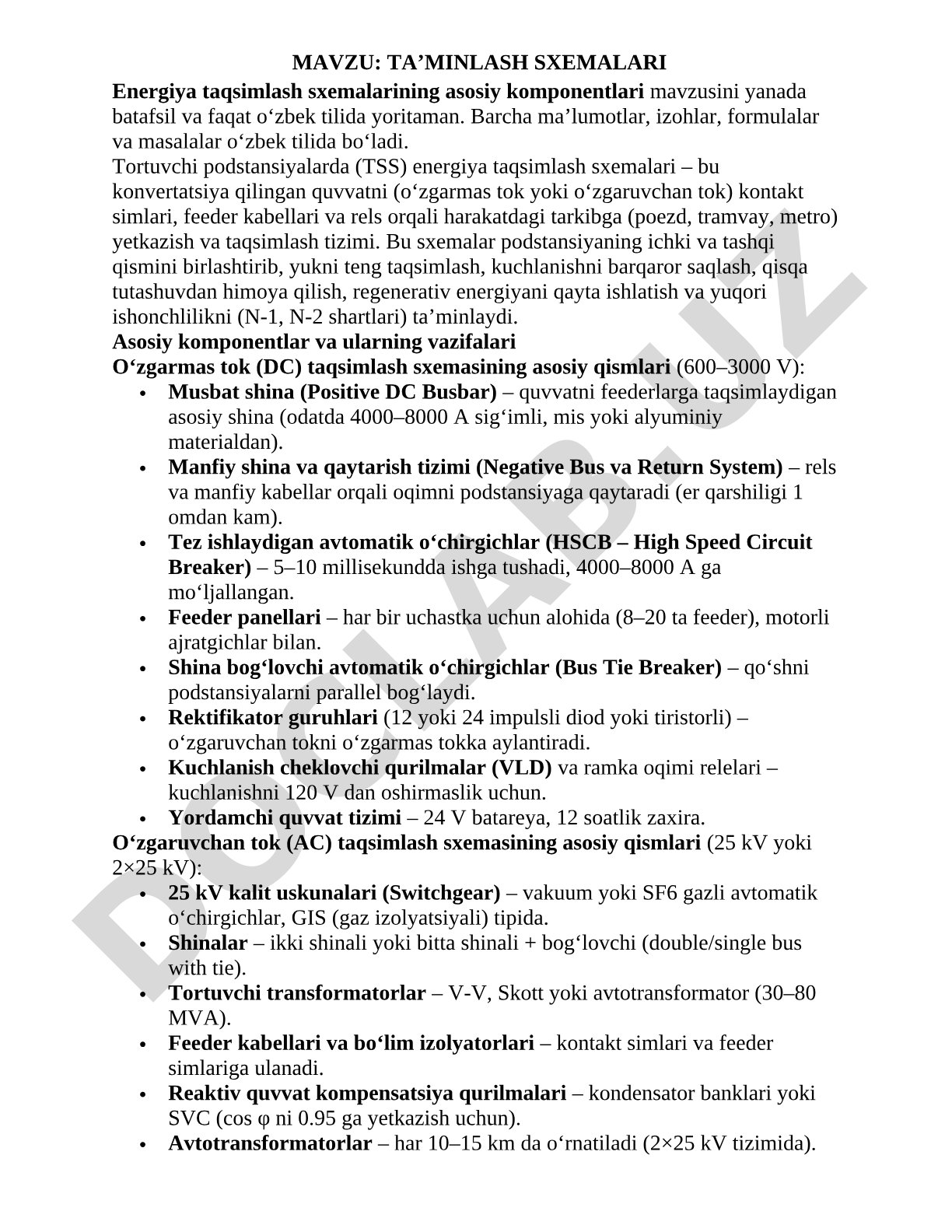 TA’MINLASH SXEMALARI Energiya taqsimlash sxemalarining asosiy komponentlari