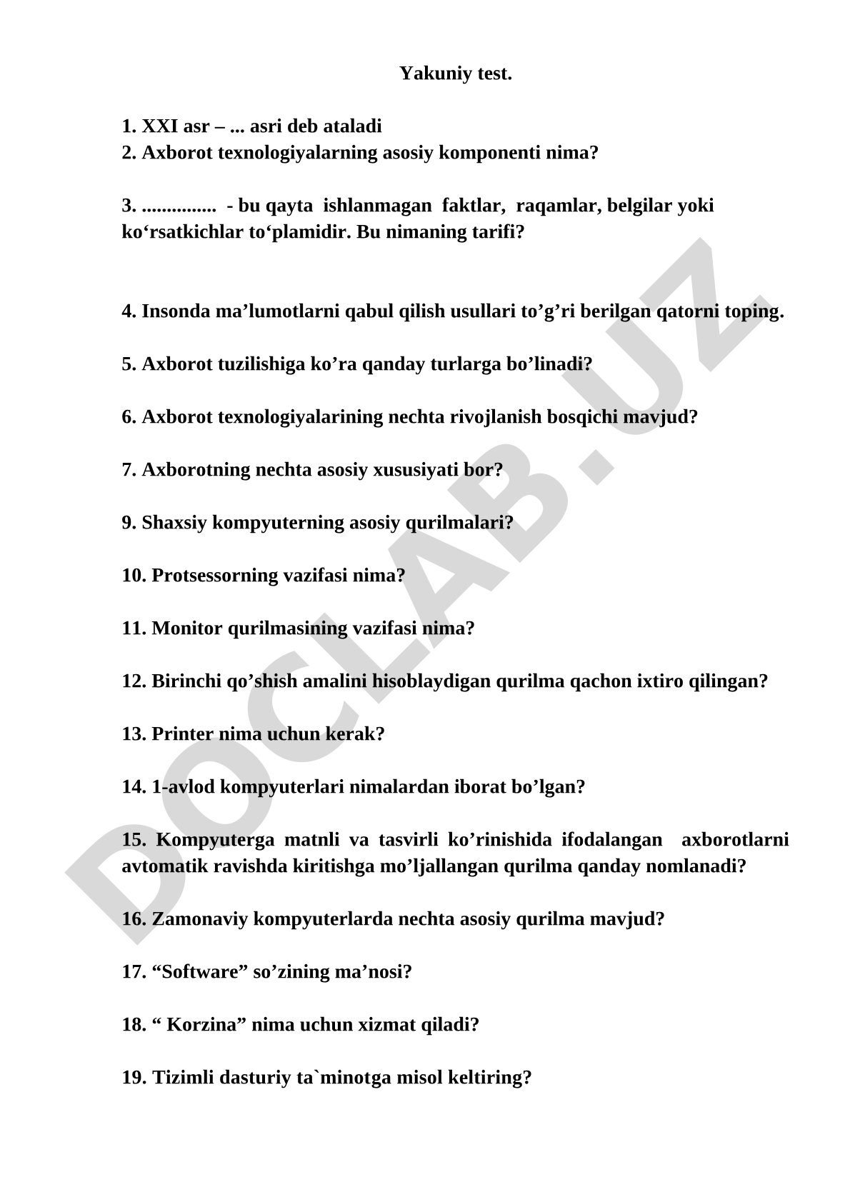 Axborot texnologiyalari bo'yicha yakuniy test savollari