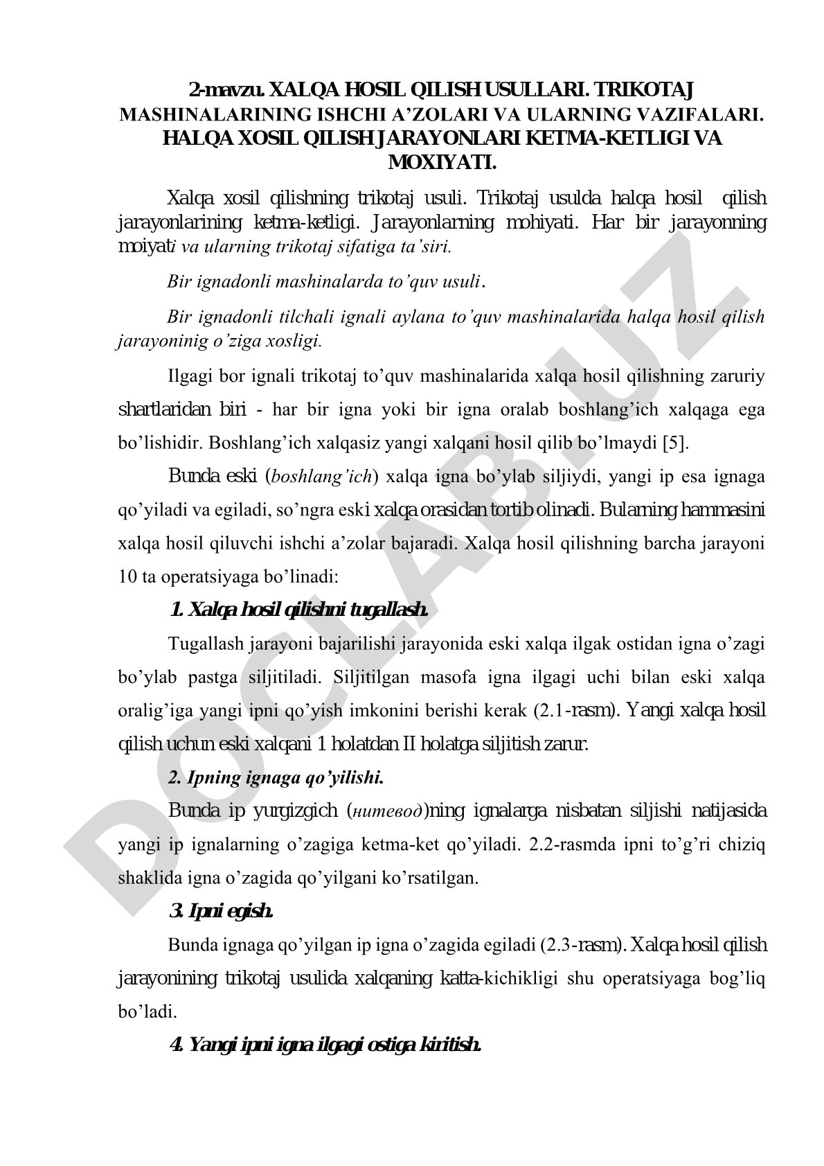 Trikotaj mashinalarining ishchi a’zolari va xalqa hosil qilish usullari