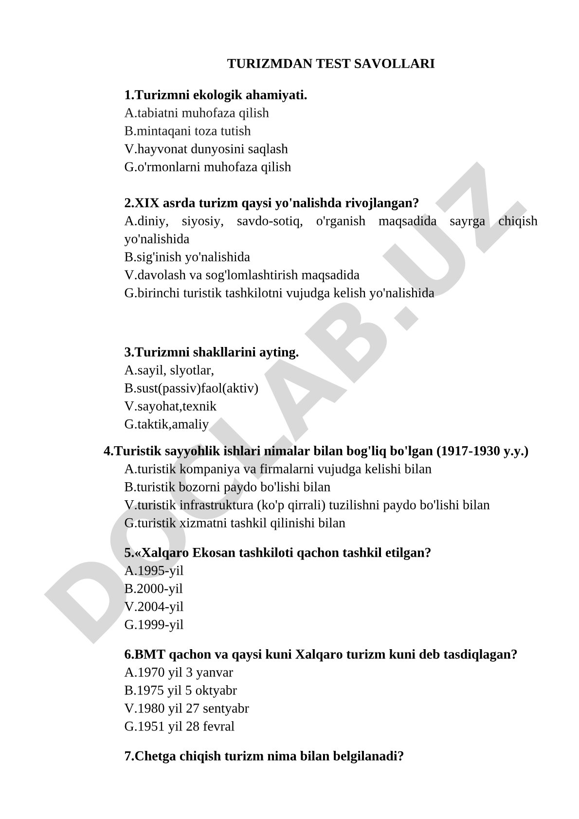 Turizmdan test savollari