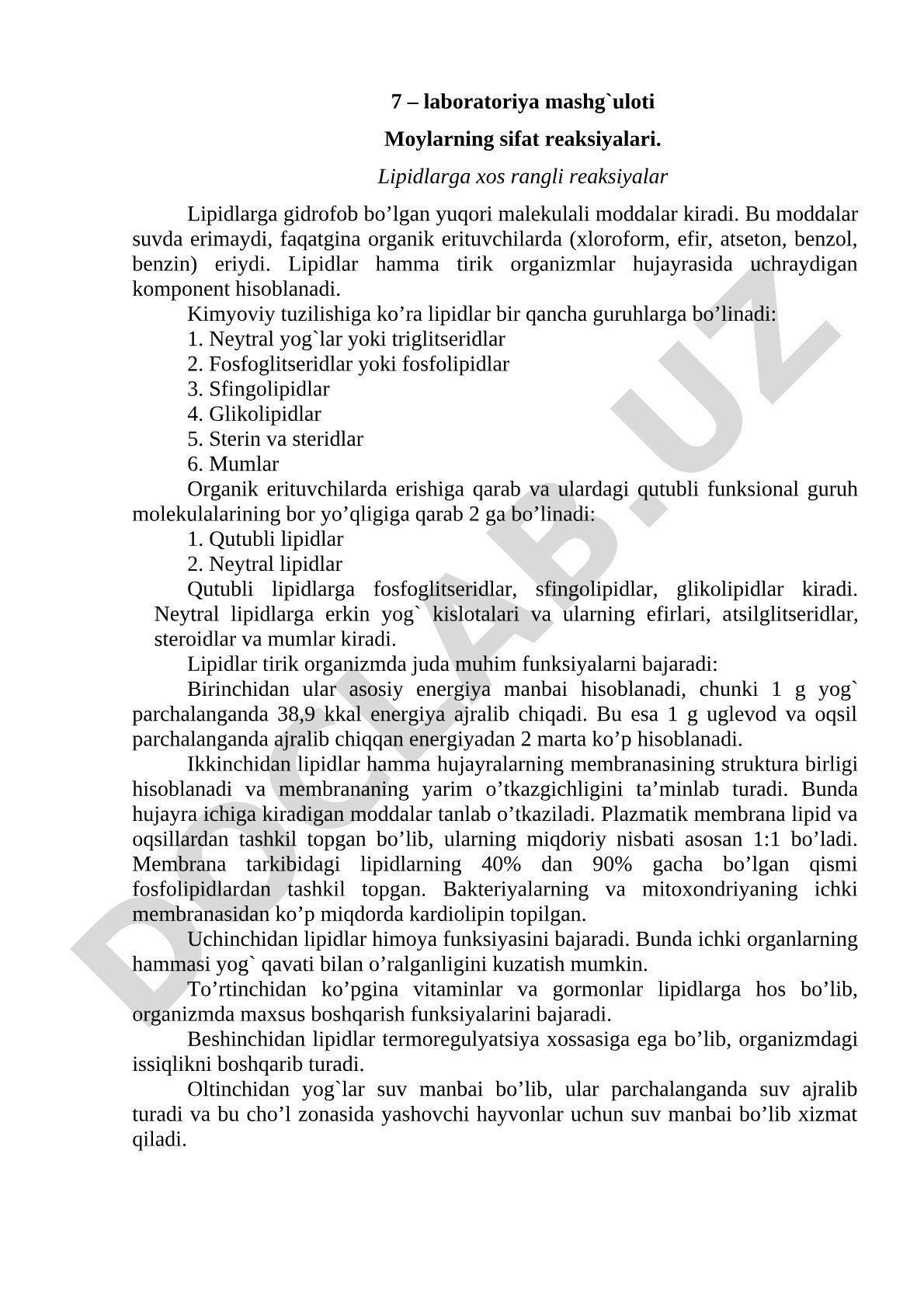 Moylarning sifat reaksiyalari. Lipidlarga xos rangli reaksiyalar
