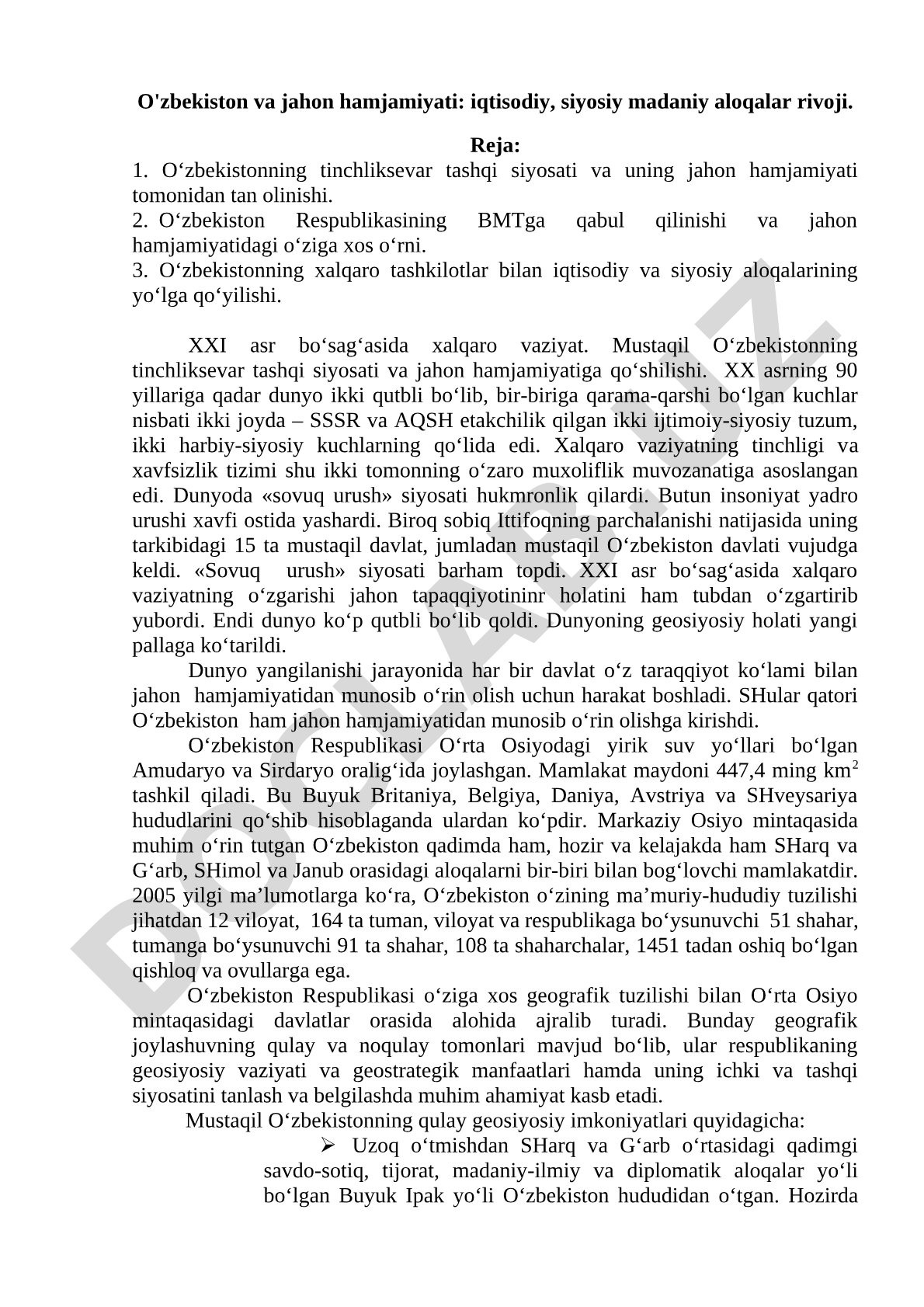O'zbekiston va jahon hamjamiyati: iqtisodiy, siyosiy madaniy aloqalar rivoji
