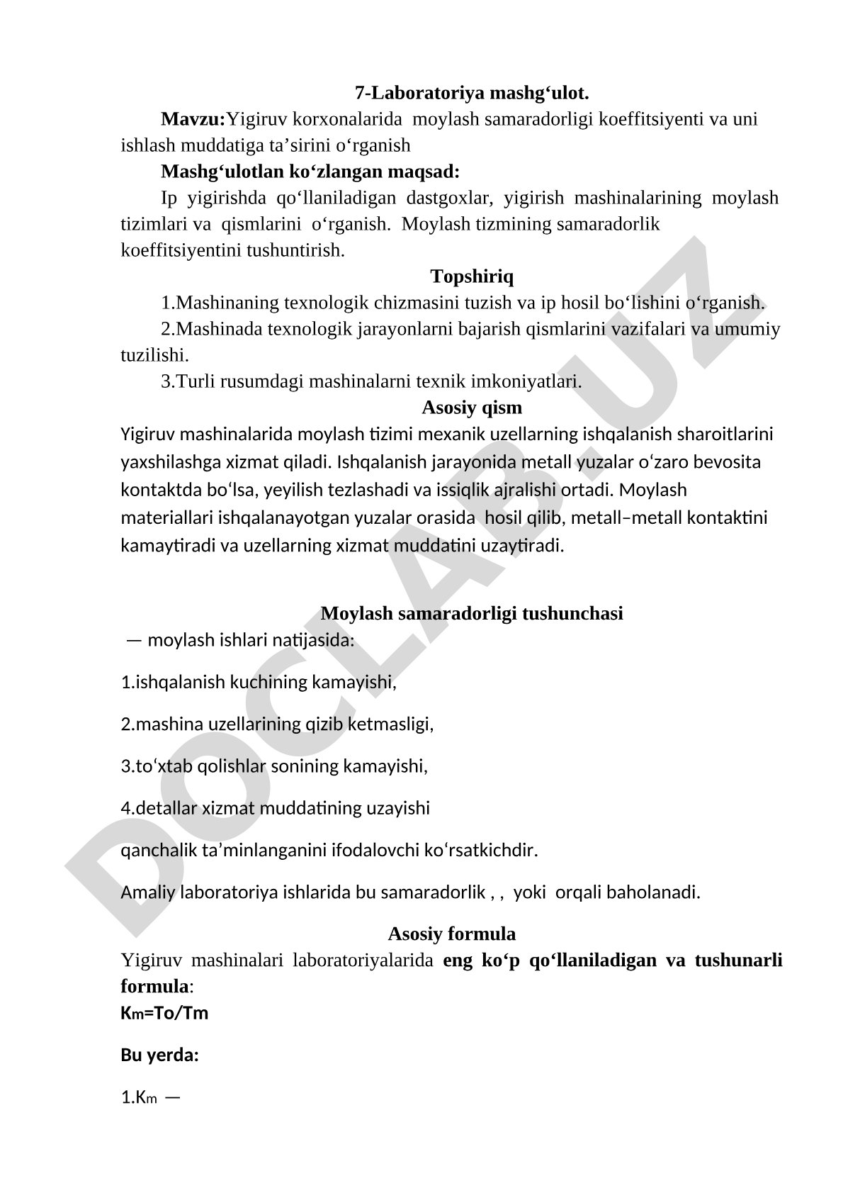 Yigiruv korxonalarida moylash samaradorligi koeffitsiyenti va uni ishlash muddatiga ta'sirini o'rganish