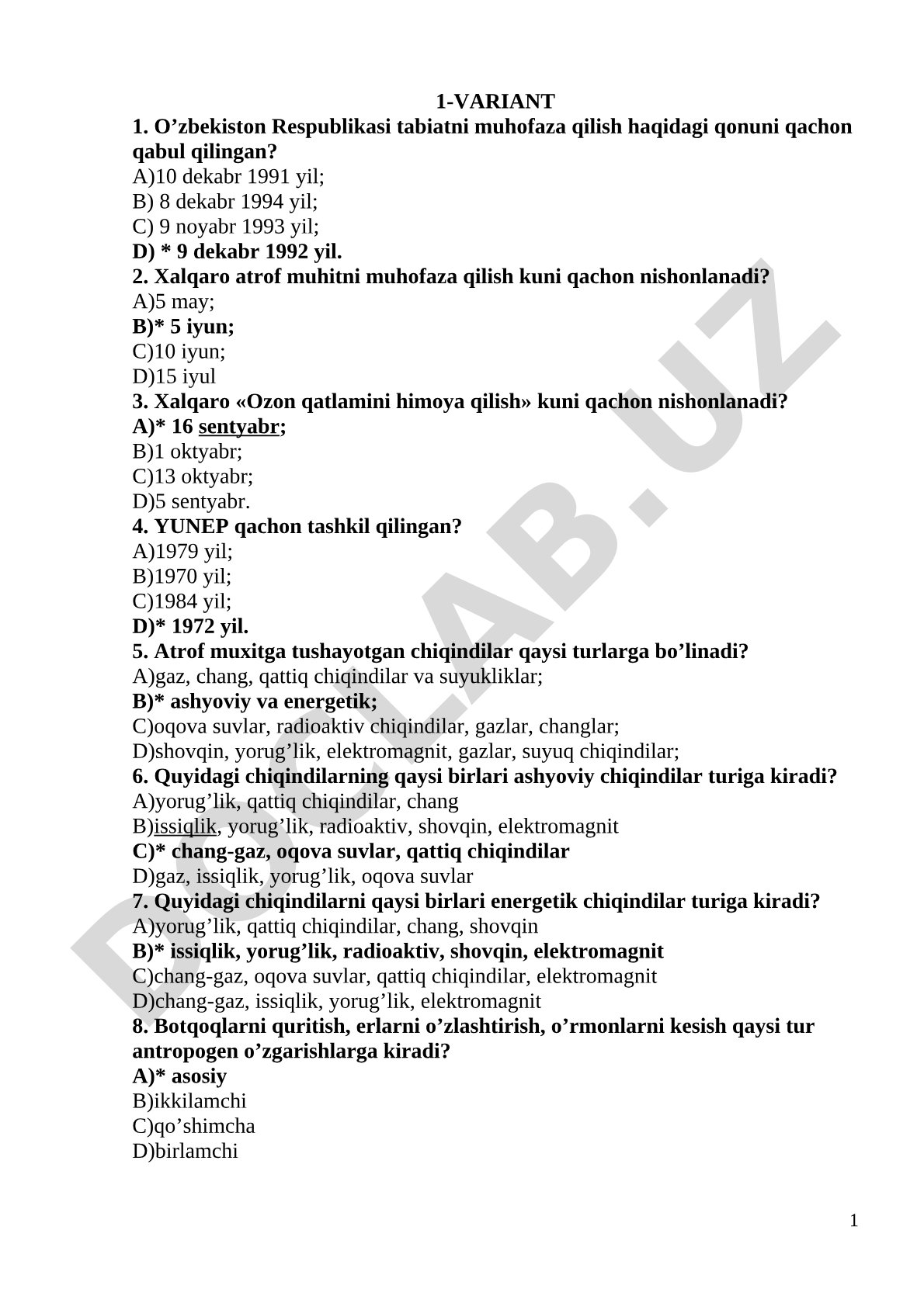 O'zbekiston Respublikasi tabiatni muhofaza qilish qonuni va atrof muhitni muhofaza qilish bo'yicha test savollari