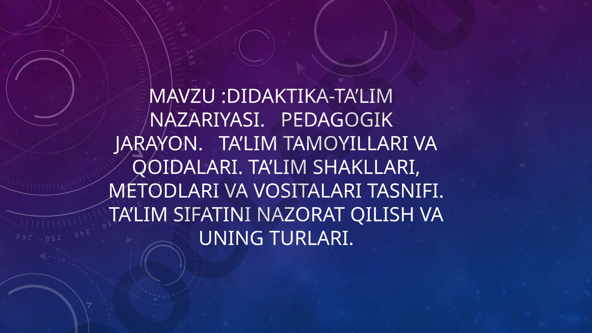 Didaktika-ta’lim nazariyasi. Pedagogik jarayon. Ta’lim tamoyillari va qoidalari. Ta’lim shakllari, metodlari va vositalari tasnifi. Ta’lim sifatini nazorat qilish va uning turlari