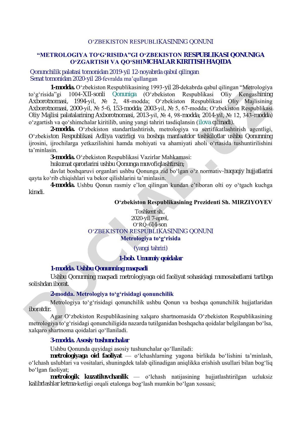 Metrologiya to‘g‘risidagi qonunga o‘zgartish va qo‘shimchalar kiritish