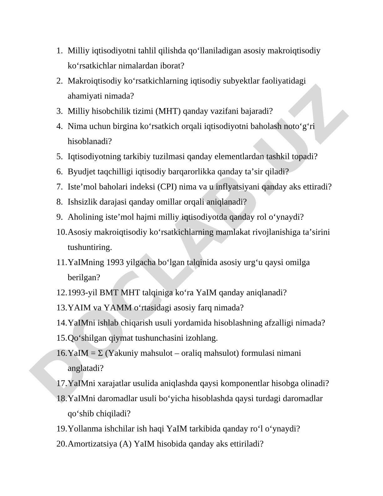 Milliy iqtisodiyotni tahlil qilishda qo‘llaniladigan asosiy makroiqtisodiy ko‘rsatkichlar