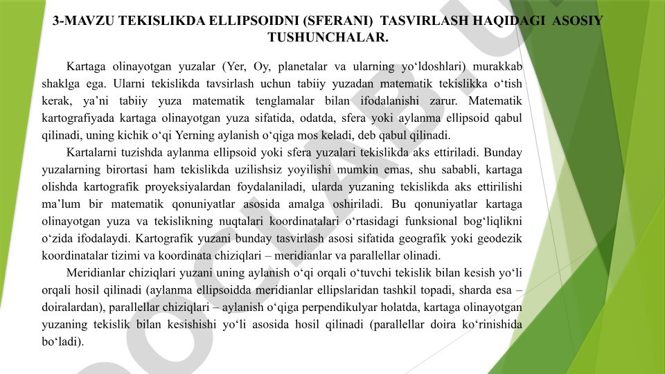 Tekislikda ellipsoidni (sferani) tasvirlash haqidagi asosiy tushunchalar