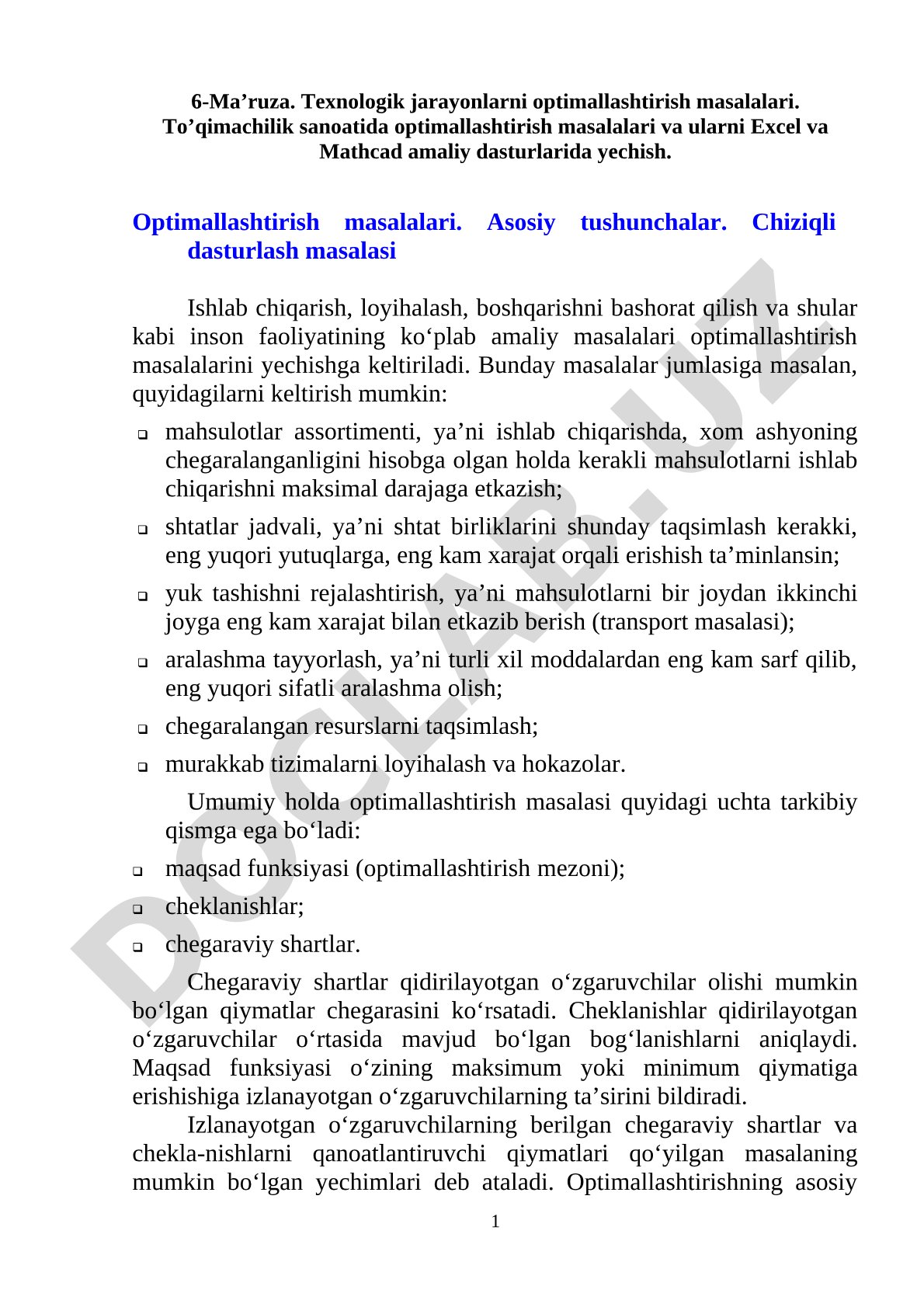 Texnologik jarayonlarni optimallashtirish masalalari