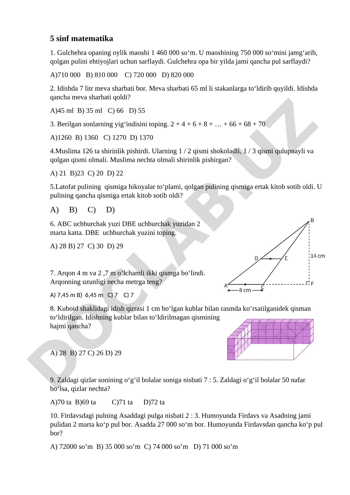 5-sinf matematika testi