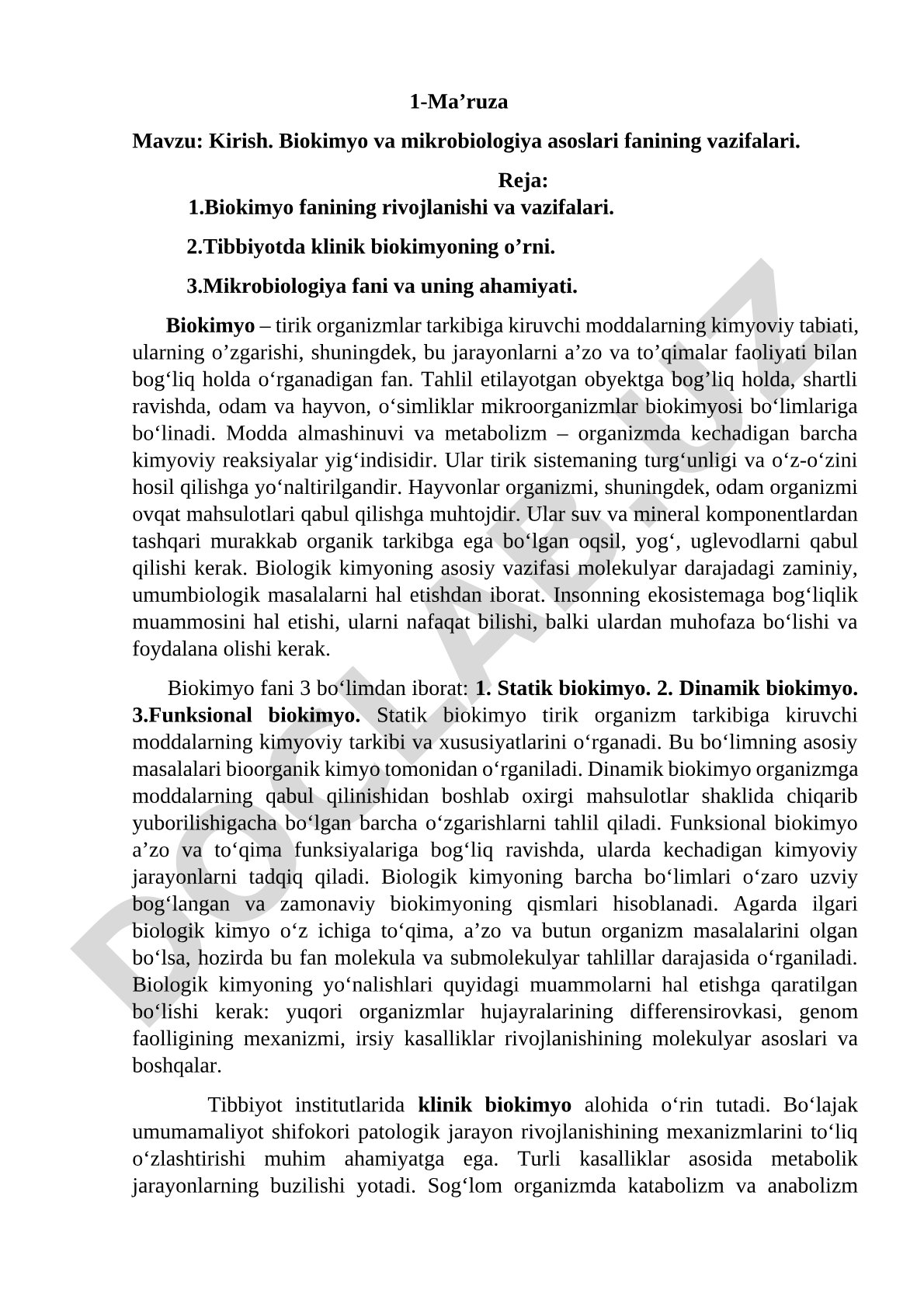 Kirish. Biokimyo va mikrobiologiya asoslari fanining vazifalari