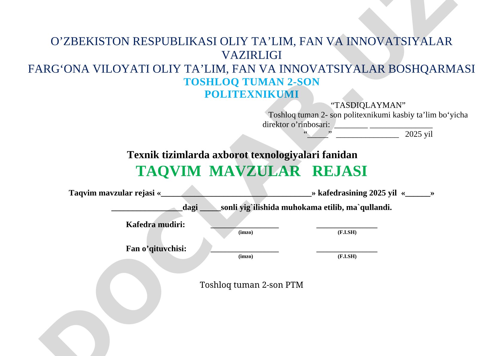 Texnik tizimlarda axborot texnologiyalari fanidan taqvim mavzular rejasi