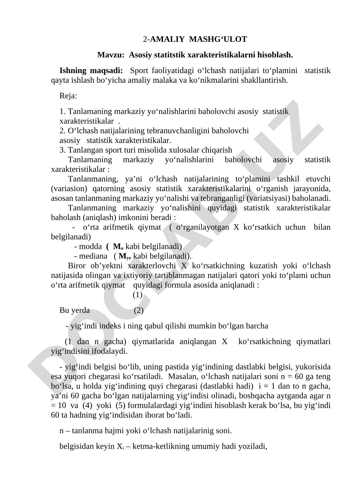 Asosiy statistik xarakteristikalarni hisoblash