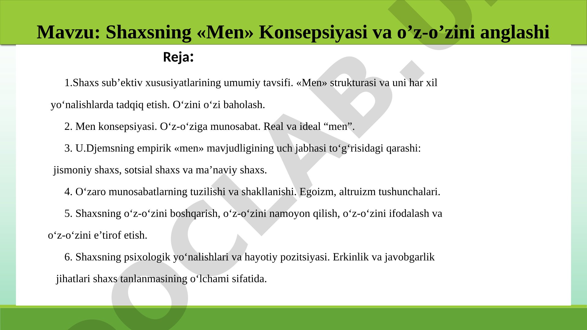 Shaxsning «Men» Konsepsiyasi va o’z-o’zini anglashi