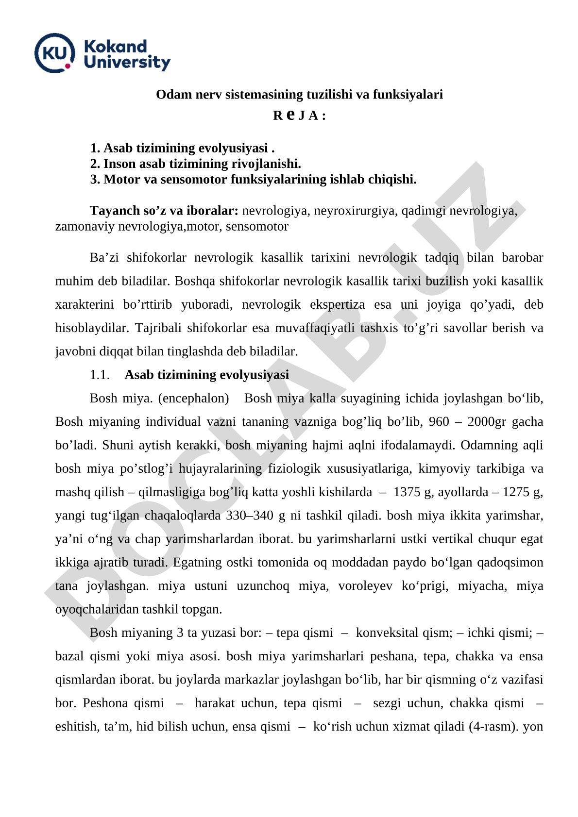 Odam nerv sistemasining tuzilishi va funksiyalari