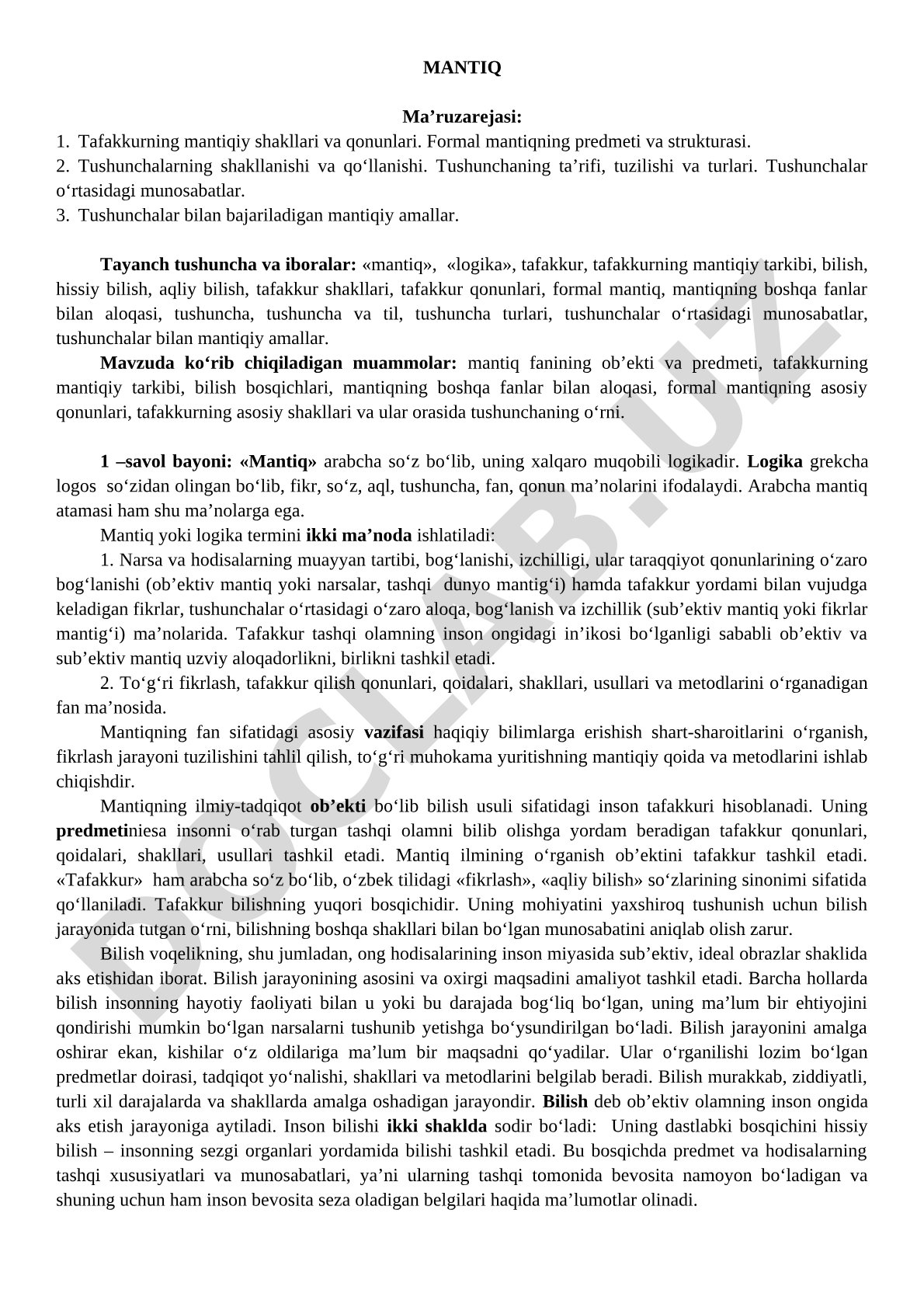 Mantiq fanining predmeti, tushunchalar va mantiqiy amallar